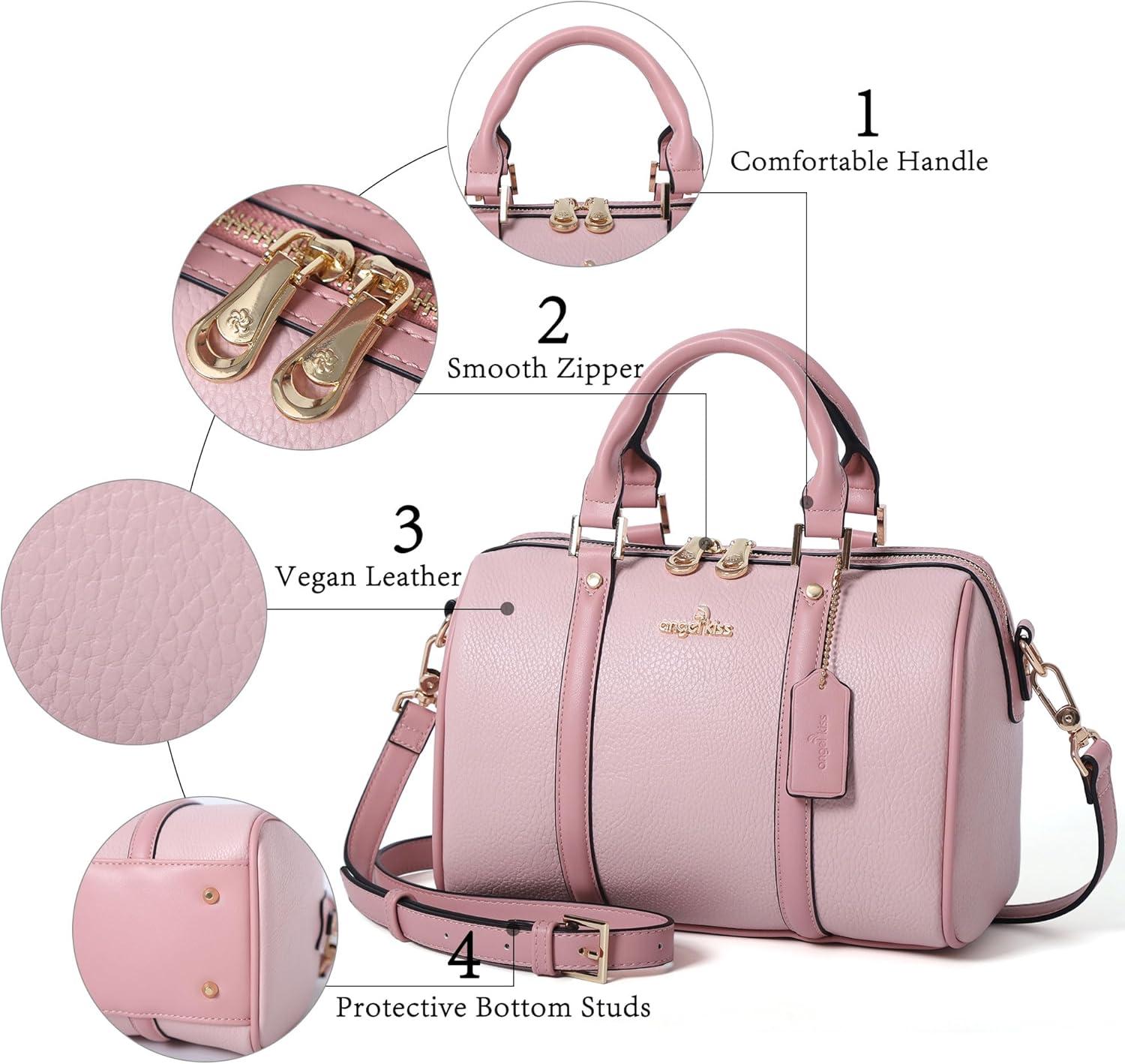 imageAngel Kiss Women Satchel Purses and Handbags Vegan Leather Boston Barrel Bag Top Handle Shoulder Purse with Crossbody Strap Vegan Leather Top Handle Crossbody StrapPink