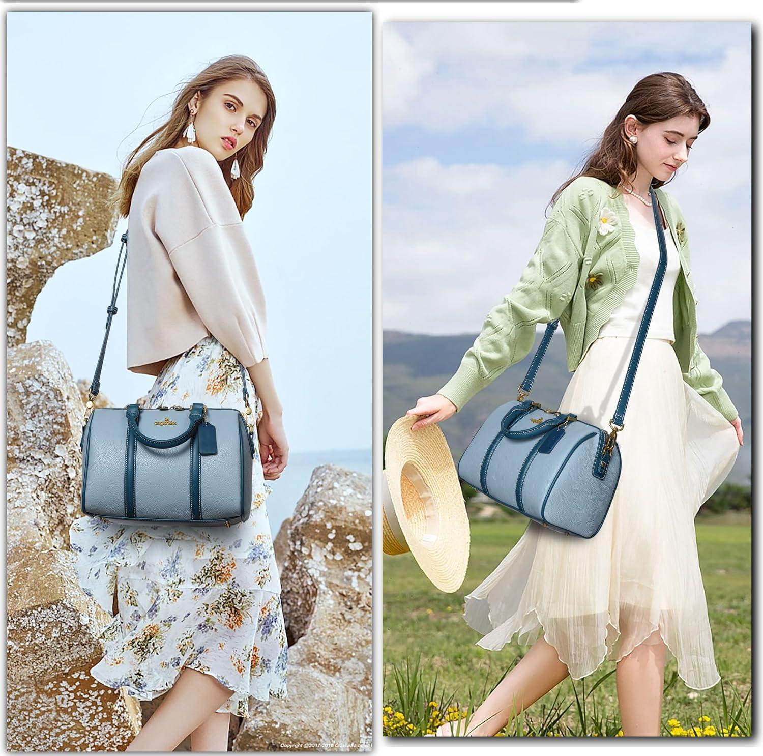 imageAngel Kiss Women Satchel Purses and Handbags Vegan Leather Boston Barrel Bag Top Handle Shoulder Purse with Crossbody Strap Vegan Leather Top Handle Crossbody StrapSky Blue