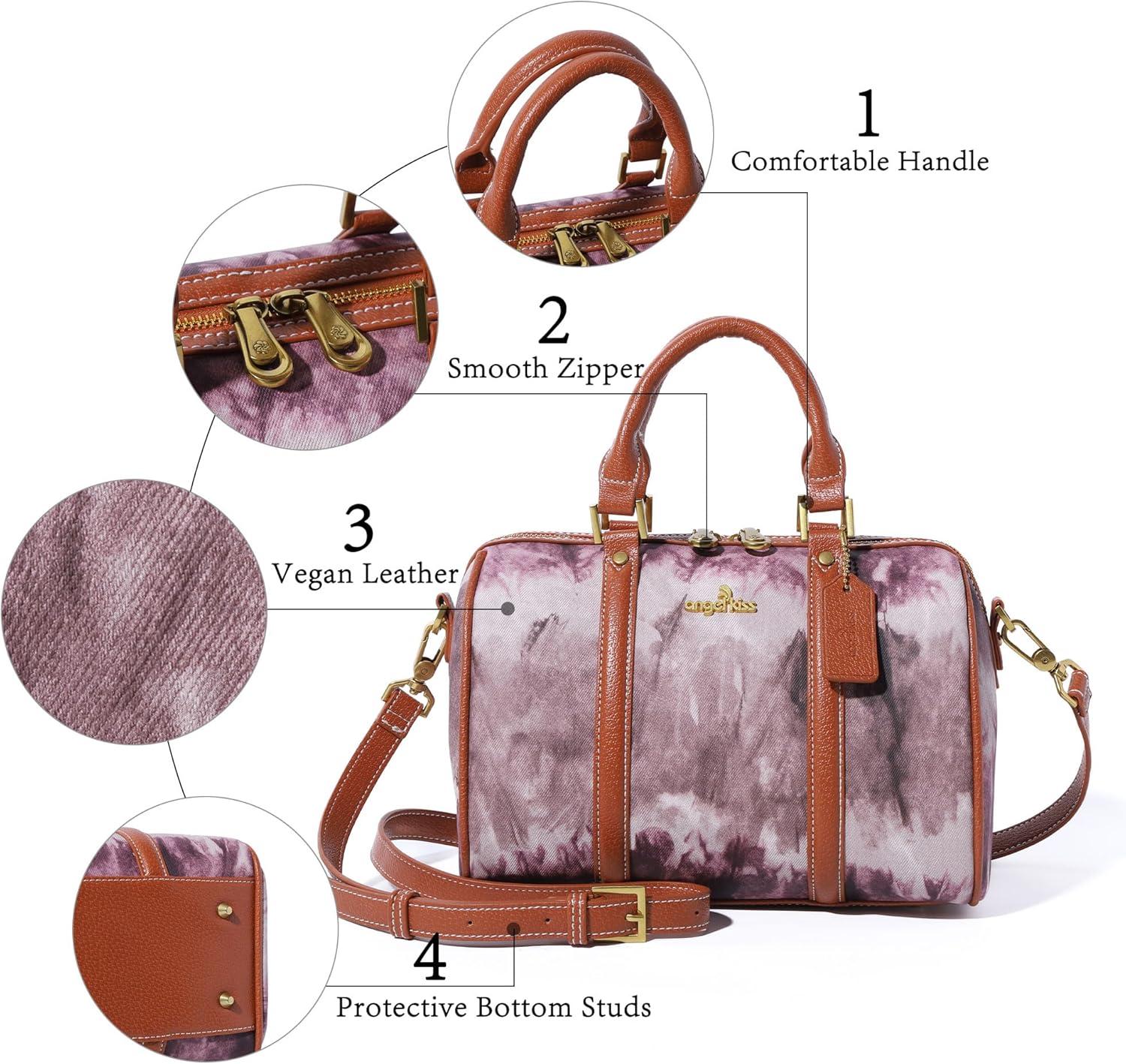imageAngel Kiss Women Satchel Purses and Handbags Vegan Leather Boston Barrel Bag Top Handle Shoulder Purse with Crossbody Strap Vegan Leather Top Handle Crossbody StrapDark Pink