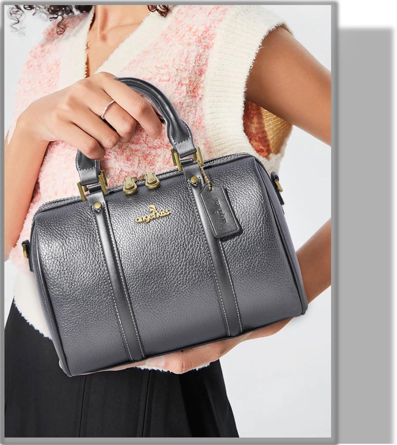 imageAngel Kiss Women Satchel Purses and Handbags Vegan Leather Boston Barrel Bag Top Handle Shoulder Purse with Crossbody Strap Vegan Leather Top Handle Crossbody StrapPewter