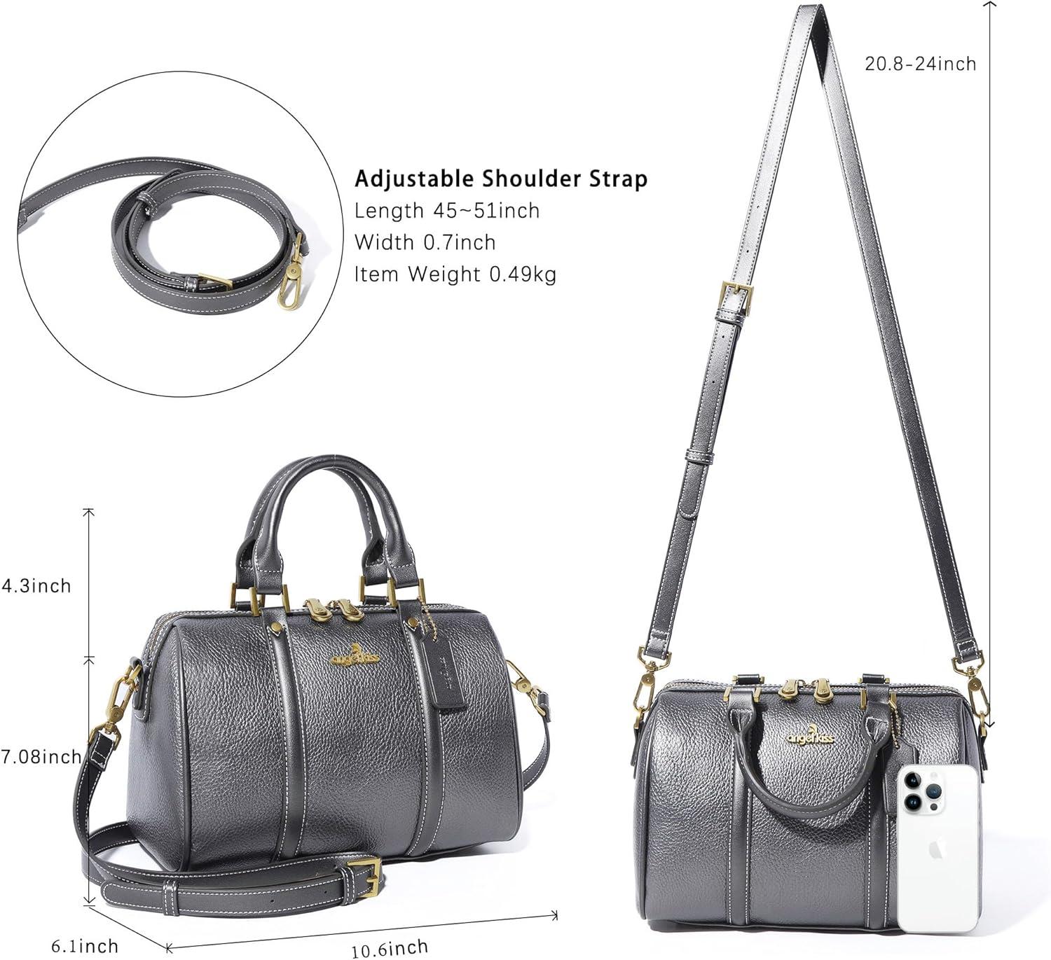 imageAngel Kiss Women Satchel Purses and Handbags Vegan Leather Boston Barrel Bag Top Handle Shoulder Purse with Crossbody Strap Vegan Leather Top Handle Crossbody StrapPewter