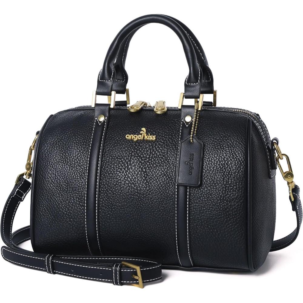 imageAngel Kiss Women Satchel Purses and Handbags Vegan Leather Boston Barrel Bag Top Handle Shoulder Purse with Crossbody Strap  Vegan Leather Top Handle Crossbody StrapBlack