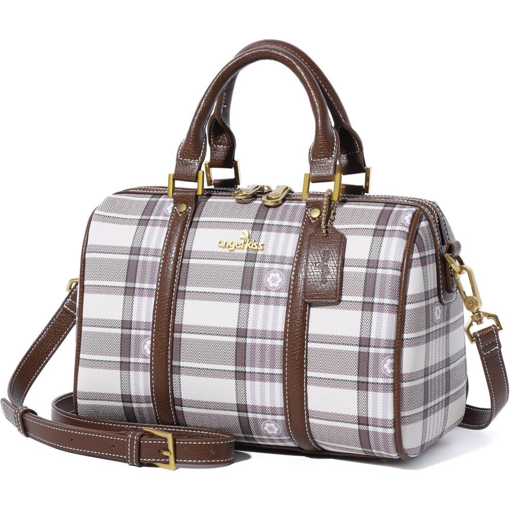 imageAngel Kiss Women Satchel Purses and Handbags Vegan Leather Boston Barrel Bag Top Handle Shoulder Purse with Crossbody Strap Vegan Leather Top Handle Crossbody StrapPlaid Taupe