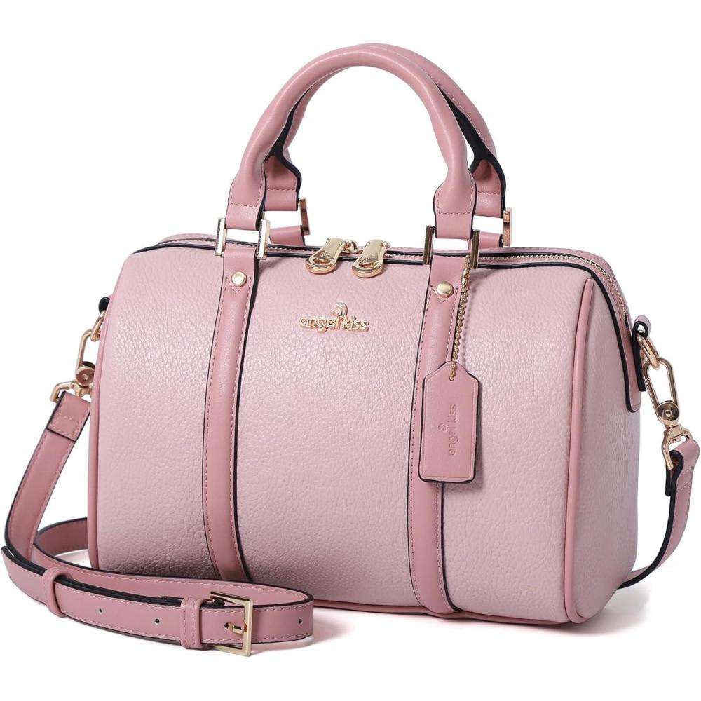 imageAngel Kiss Women Satchel Purses and Handbags Vegan Leather Boston Barrel Bag Top Handle Shoulder Purse with Crossbody Strap Vegan Leather Top Handle Crossbody StrapPink