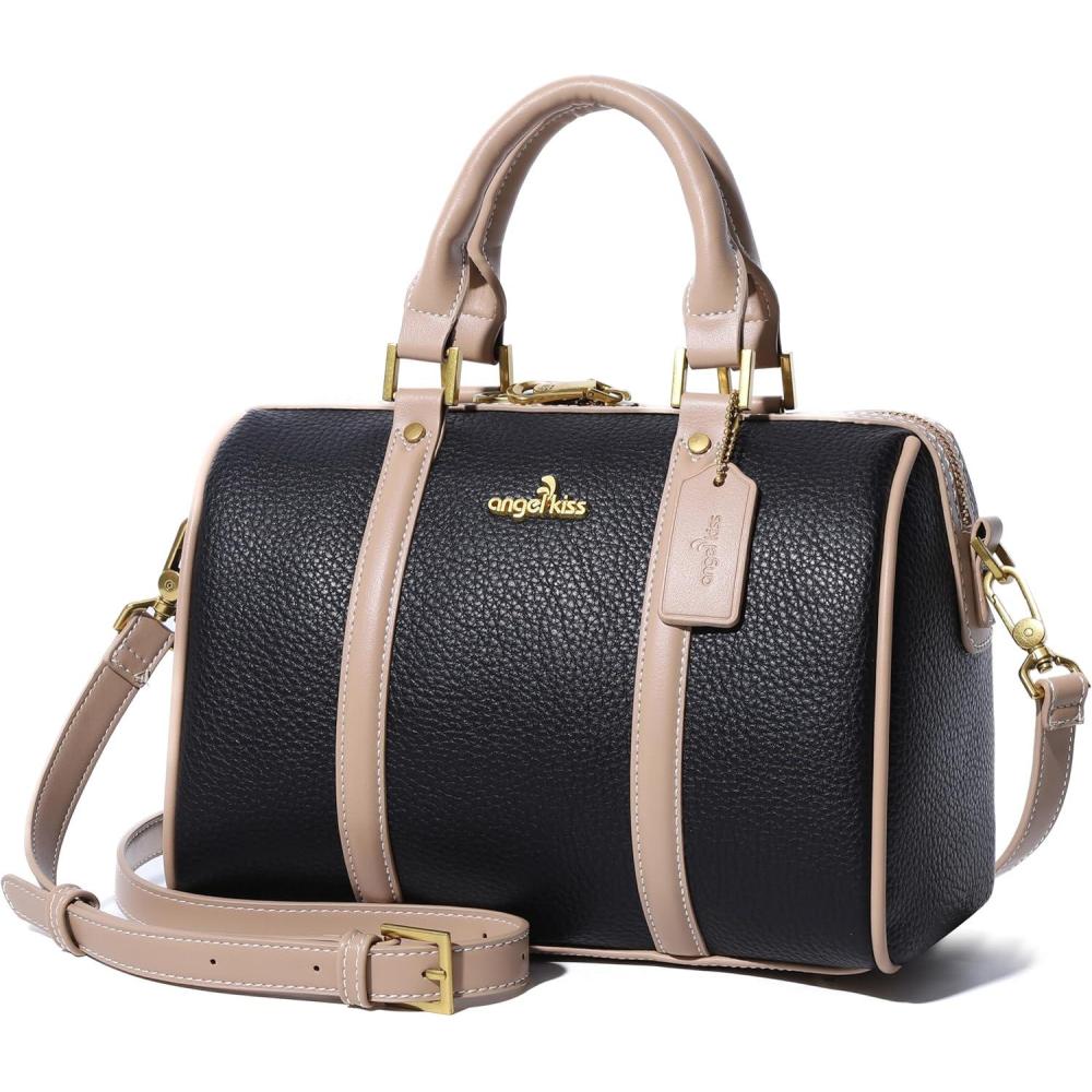 imageAngel Kiss Women Satchel Purses and Handbags Vegan Leather Boston Barrel Bag Top Handle Shoulder Purse with Crossbody Strap  Vegan Leather Top Handle Crossbody StrapBlack 2