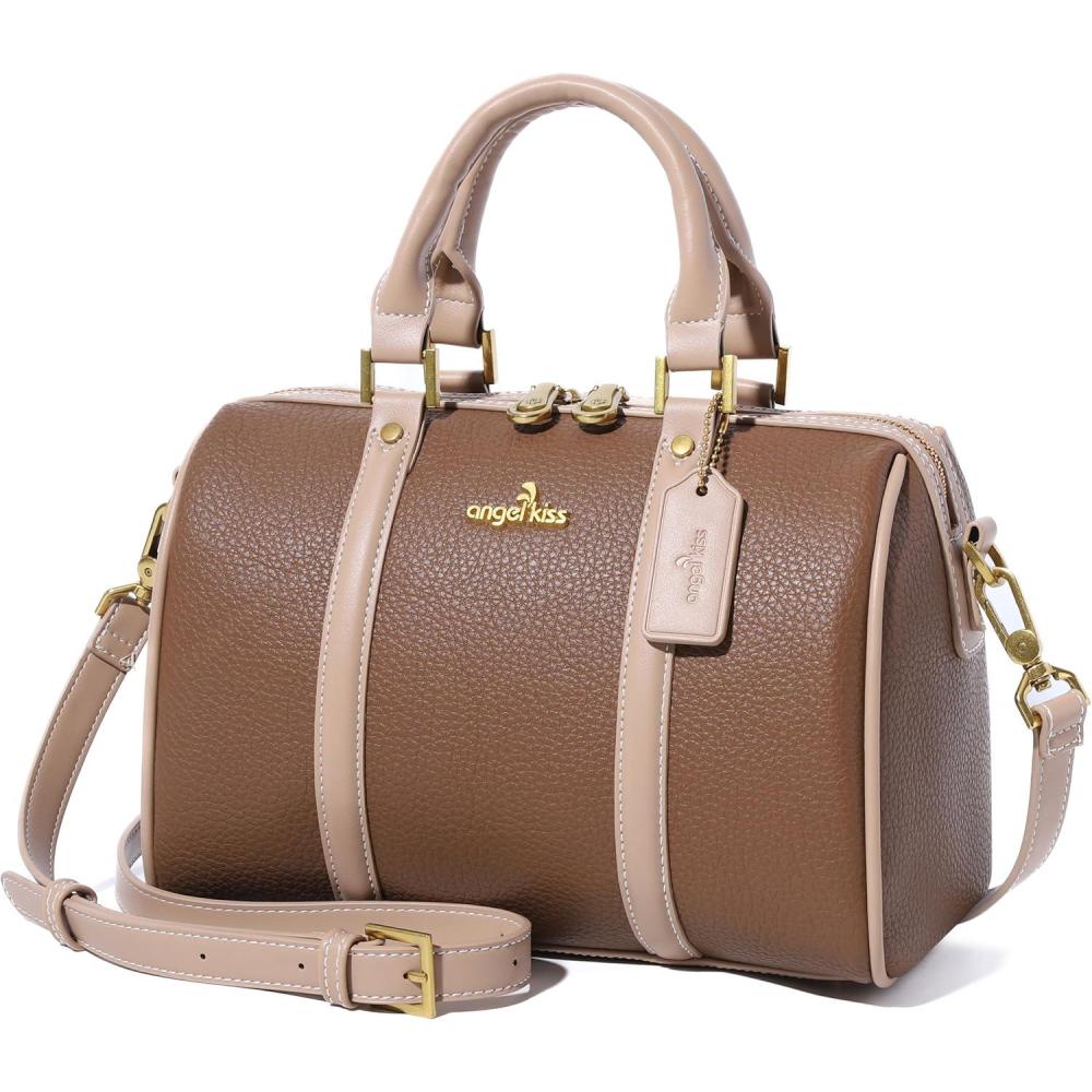 imageAngel Kiss Women Satchel Purses and Handbags Vegan Leather Boston Barrel Bag Top Handle Shoulder Purse with Crossbody Strap  Vegan Leather Top Handle Crossbody StrapClay