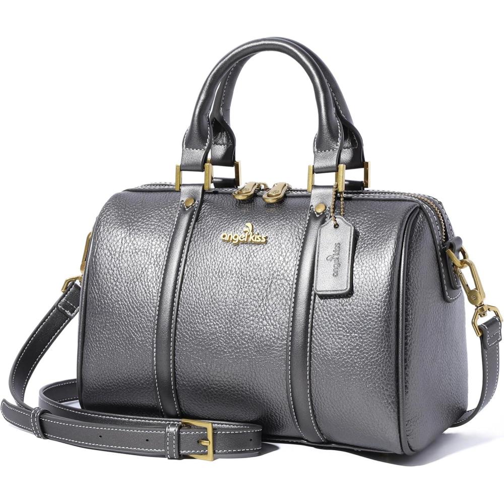 imageAngel Kiss Women Satchel Purses and Handbags Vegan Leather Boston Barrel Bag Top Handle Shoulder Purse with Crossbody Strap Vegan Leather Top Handle Crossbody StrapPewter