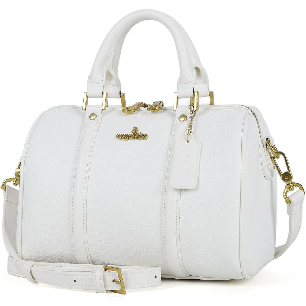 imageAngel Kiss Women Satchel Purses and Handbags Vegan Leather Boston Barrel Bag Top Handle Shoulder Purse with Crossbody Strap Vegan Leather Top Handle Crossbody StrapWhite 1