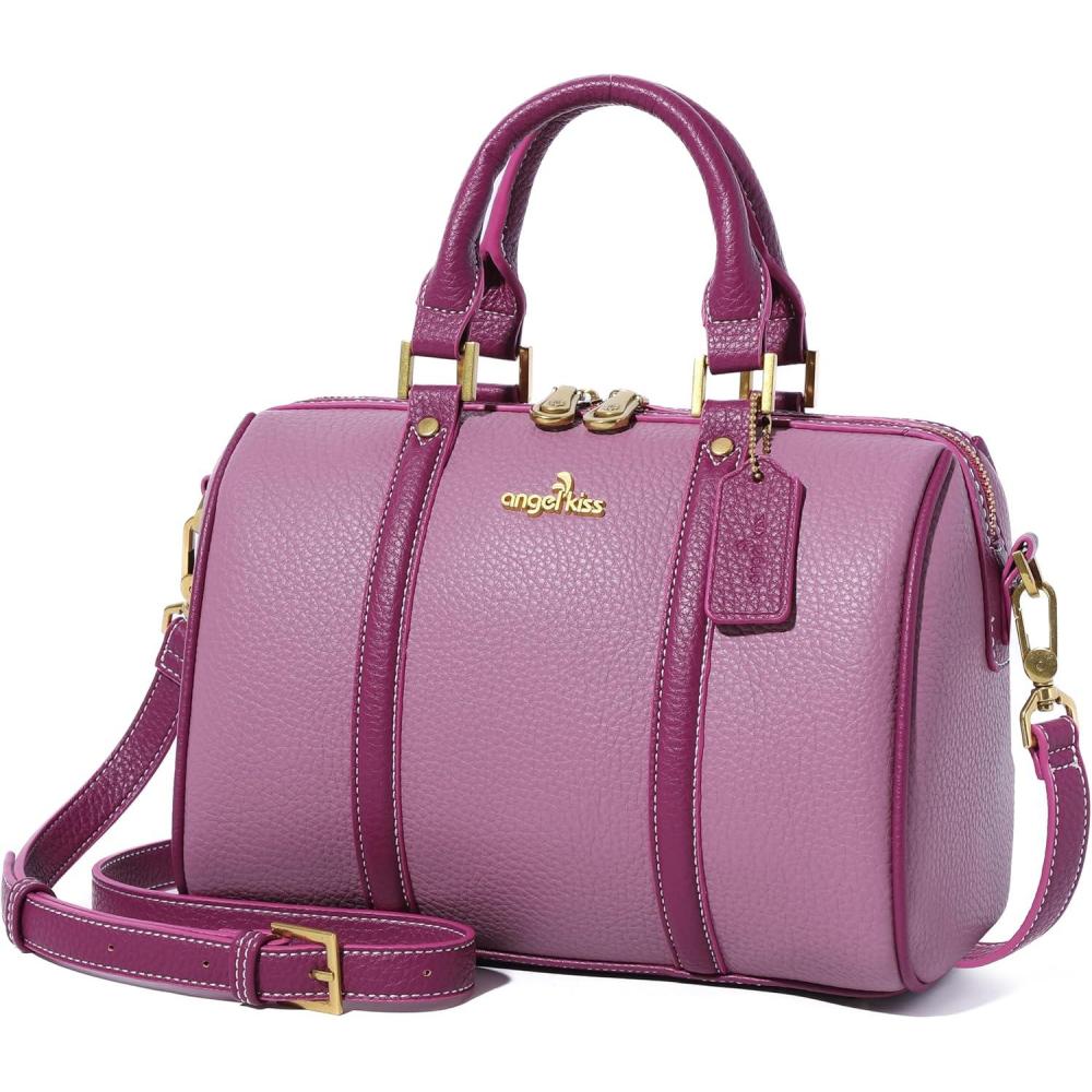 imageAngel Kiss Women Satchel Purses and Handbags Vegan Leather Boston Barrel Bag Top Handle Shoulder Purse with Crossbody Strap Vegan Leather Top Handle Crossbody StrapLight Purple