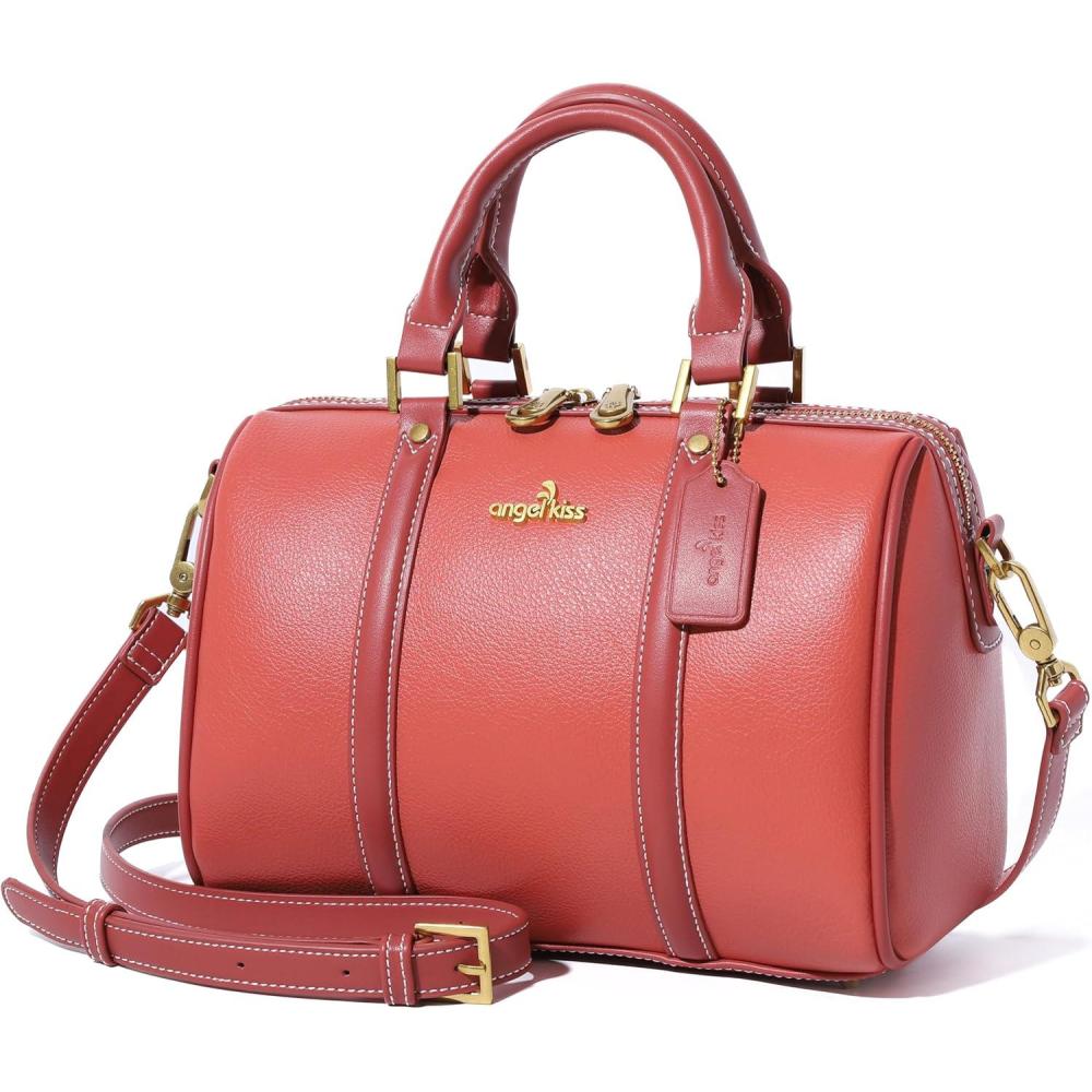 imageAngel Kiss Women Satchel Purses and Handbags Vegan Leather Boston Barrel Bag Top Handle Shoulder Purse with Crossbody Strap  Vegan Leather Top Handle Crossbody StrapCoral