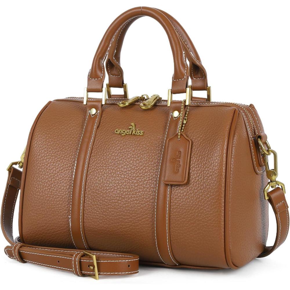 imageAngel Kiss Women Satchel Purses and Handbags Vegan Leather Boston Barrel Bag Top Handle Shoulder Purse with Crossbody Strap  Vegan Leather Top Handle Crossbody StrapBrown