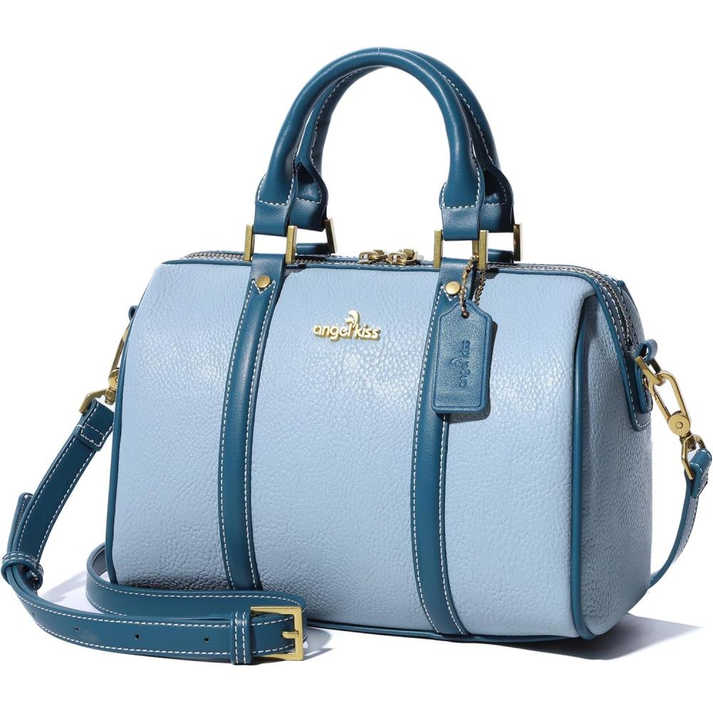 imageAngel Kiss Women Satchel Purses and Handbags Vegan Leather Boston Barrel Bag Top Handle Shoulder Purse with Crossbody Strap Vegan Leather Top Handle Crossbody StrapSky Blue