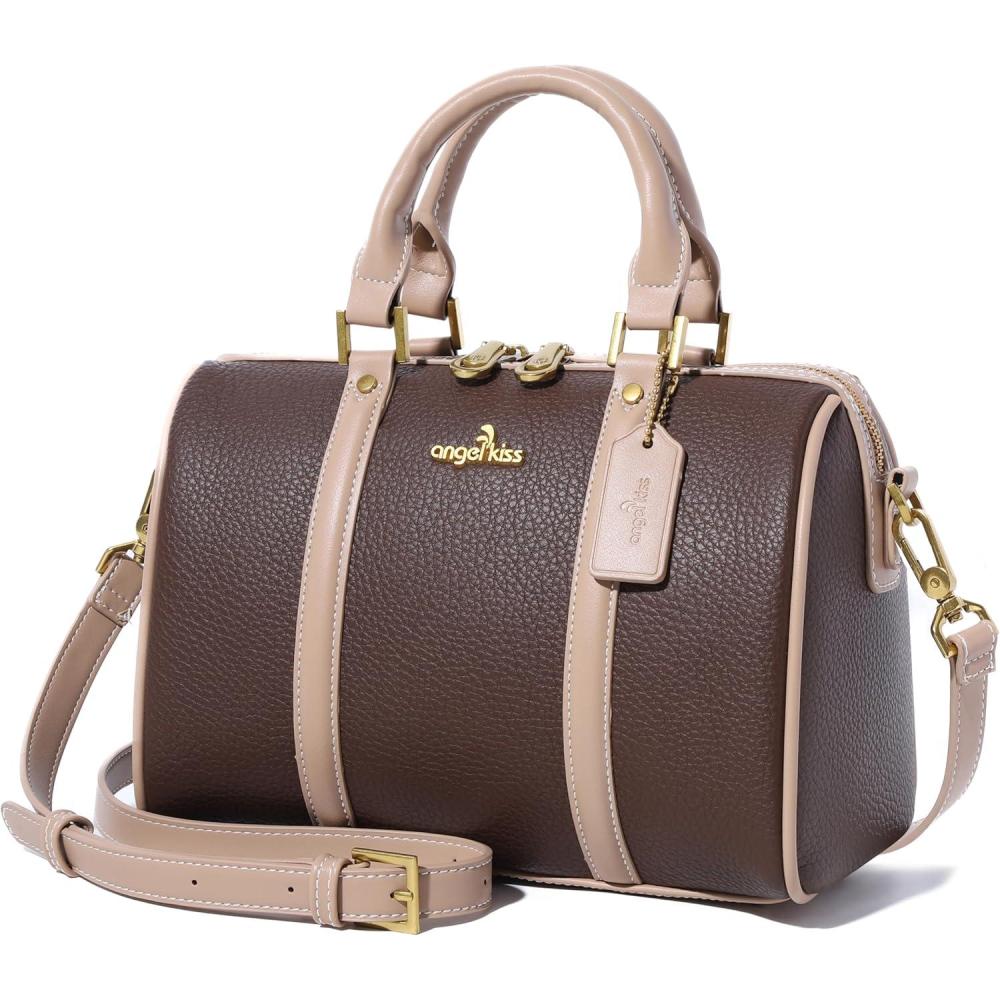 imageAngel Kiss Women Satchel Purses and Handbags Vegan Leather Boston Barrel Bag Top Handle Shoulder Purse with Crossbody Strap  Vegan Leather Top Handle Crossbody StrapCoffee