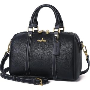 Angel Kiss Women Satchel Purses and Handbags Vegan Leather Boston Barrel Bag Top Handle Shoulder Purse with Crossbody Strap | Vegan Leather, Top Handle, Crossbody Strap(Black)