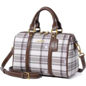 Angel Kiss Women Satchel Purses and Handbags Vegan Leather Boston Barrel Bag Top Handle Shoulder Purse with Crossbody Strap | Vegan Leather, Top Handle, Crossbody Strap(Plaid Taupe)