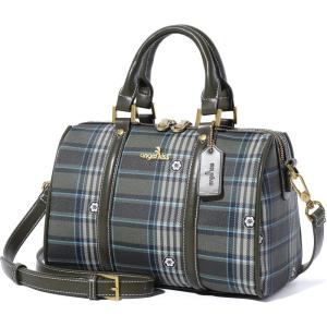 Angel Kiss Women Satchel Purses and Handbags Vegan Leather Boston Barrel Bag Top Handle Shoulder Purse with Crossbody Strap | Vegan Leather, Top Handle, Crossbody Strap(Plaid Green)