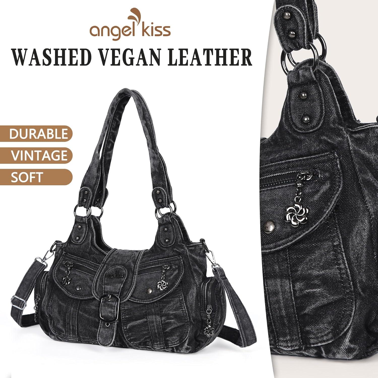 imageAngel Kiss Hobo Bags for Women Vegan Leather Shoulder Purses and Handbags Ladies Roomy Tote Bags Purse with Crossbody StrapDenim Black