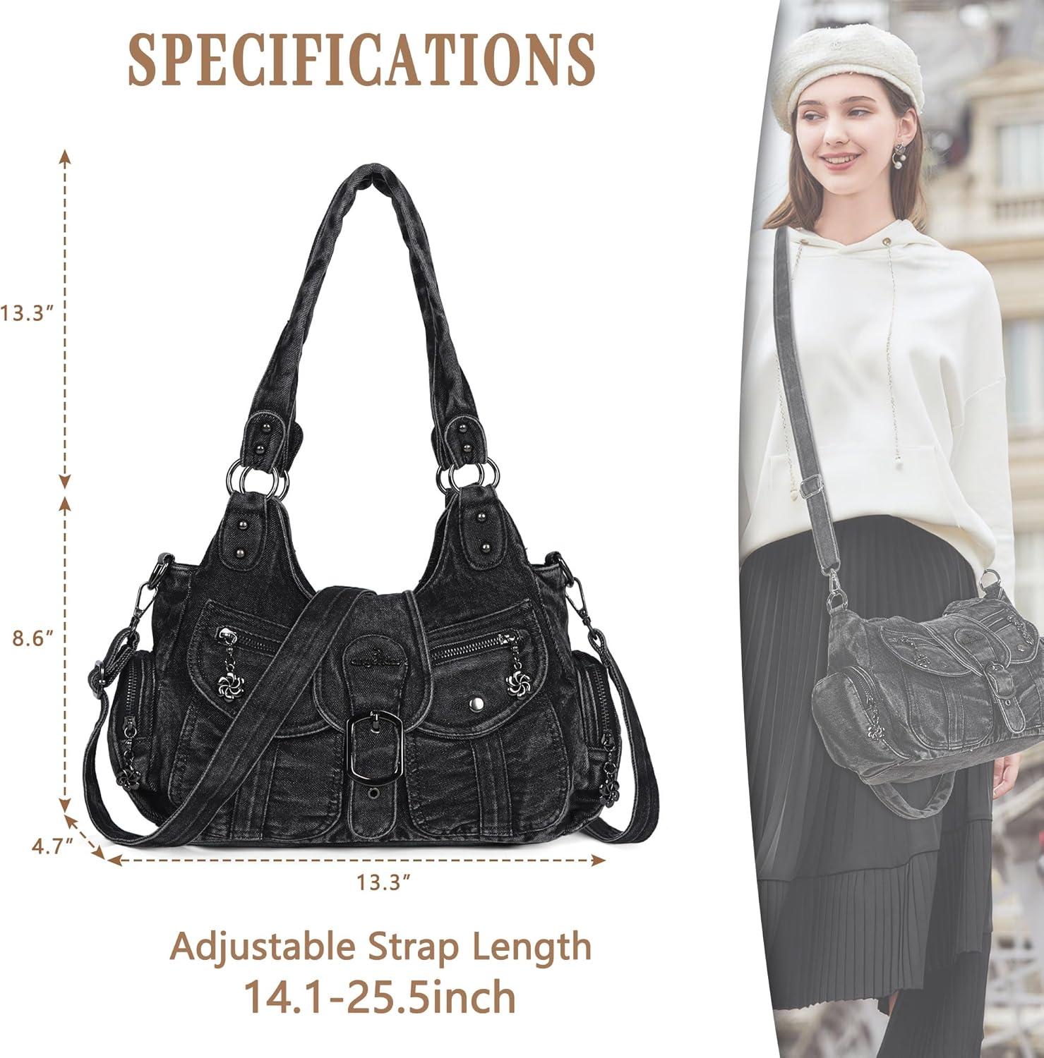imageAngel Kiss Hobo Bags for Women Vegan Leather Shoulder Purses and Handbags Ladies Roomy Tote Bags Purse with Crossbody StrapDenim Black