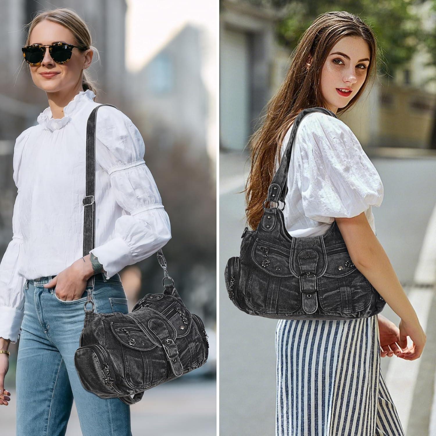 imageAngel Kiss Hobo Bags for Women Vegan Leather Shoulder Purses and Handbags Ladies Roomy Tote Bags Purse with Crossbody StrapDenim Black