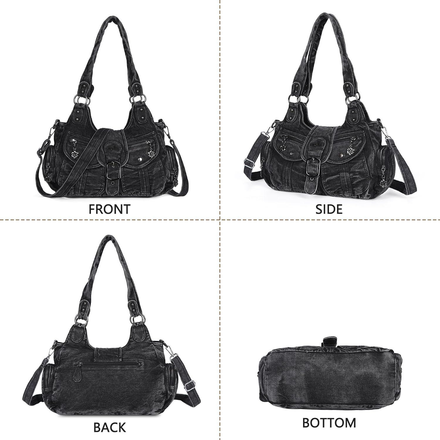 imageAngel Kiss Hobo Bags for Women Vegan Leather Shoulder Purses and Handbags Ladies Roomy Tote Bags Purse with Crossbody StrapDenim Black