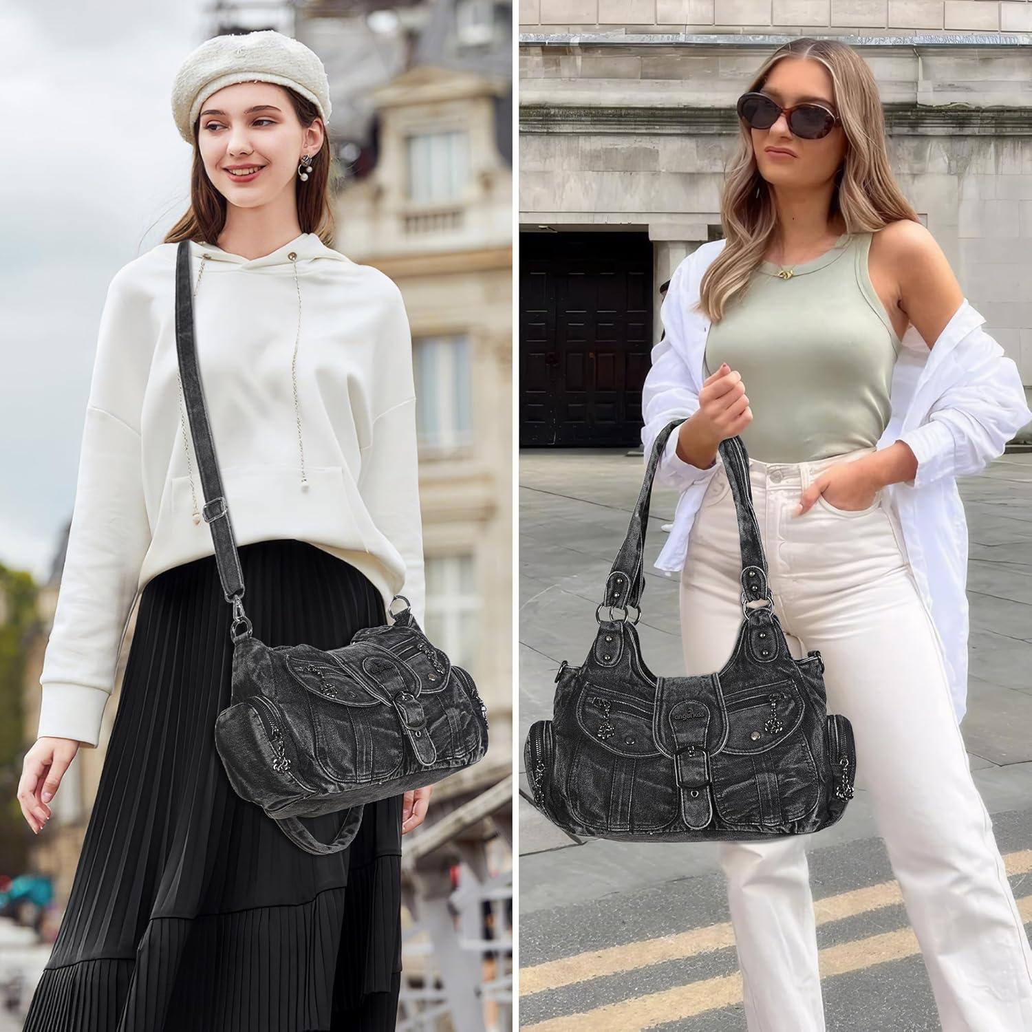 imageAngel Kiss Hobo Bags for Women Vegan Leather Shoulder Purses and Handbags Ladies Roomy Tote Bags Purse with Crossbody StrapDenim Black