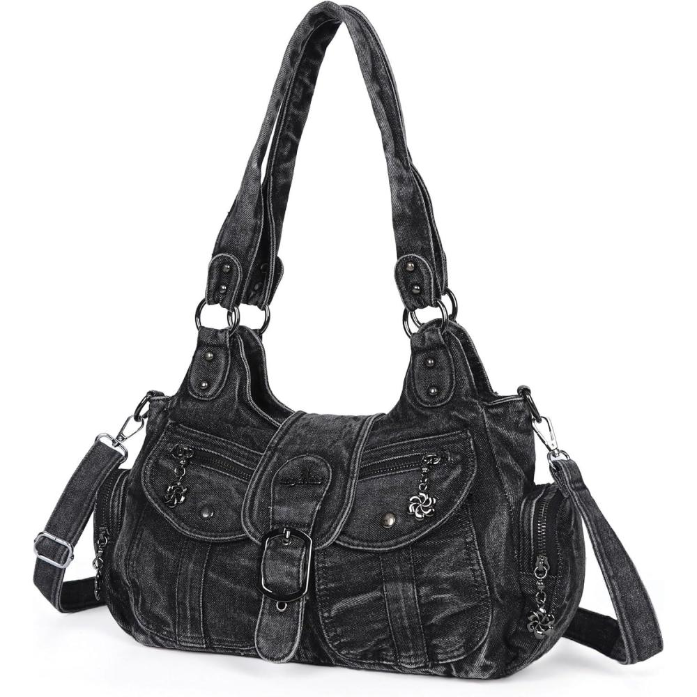 imageAngel Kiss Hobo Bags for Women Vegan Leather Shoulder Purses and Handbags Ladies Roomy Tote Bags Purse with Crossbody StrapDenim Black
