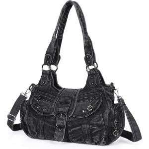 Angel Kiss Hobo Bags for Women Vegan Leather Shoulder Purses and Handbags Ladies Roomy Tote Bags Purse with Crossbody Strap(Denim Black)