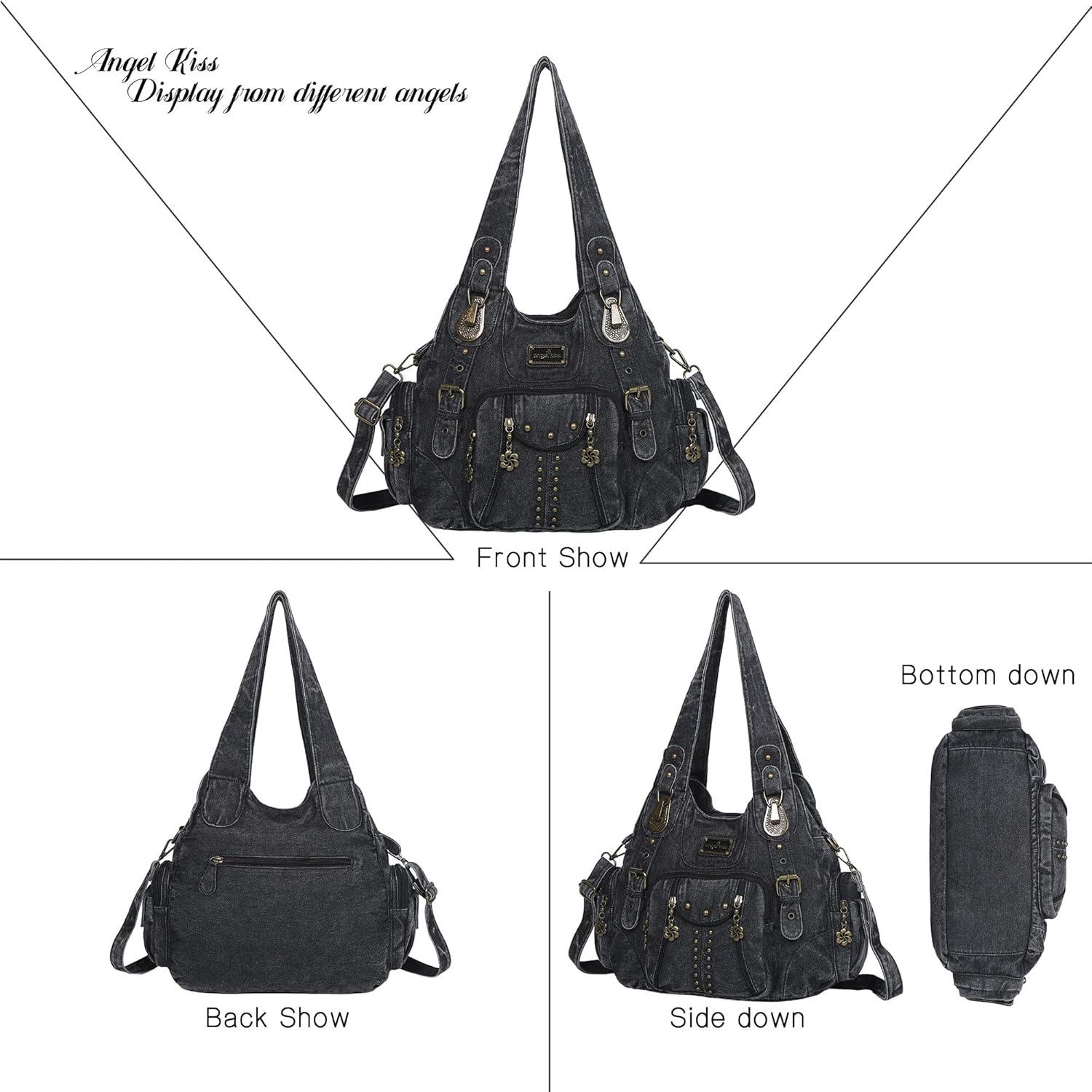 imageAngel Kiss Purses for Women Soft PU Leather Large Hobo Bags for Women Shoulder Bag Soft PU Leather Large Soft PU Leather LargeBlack Denim