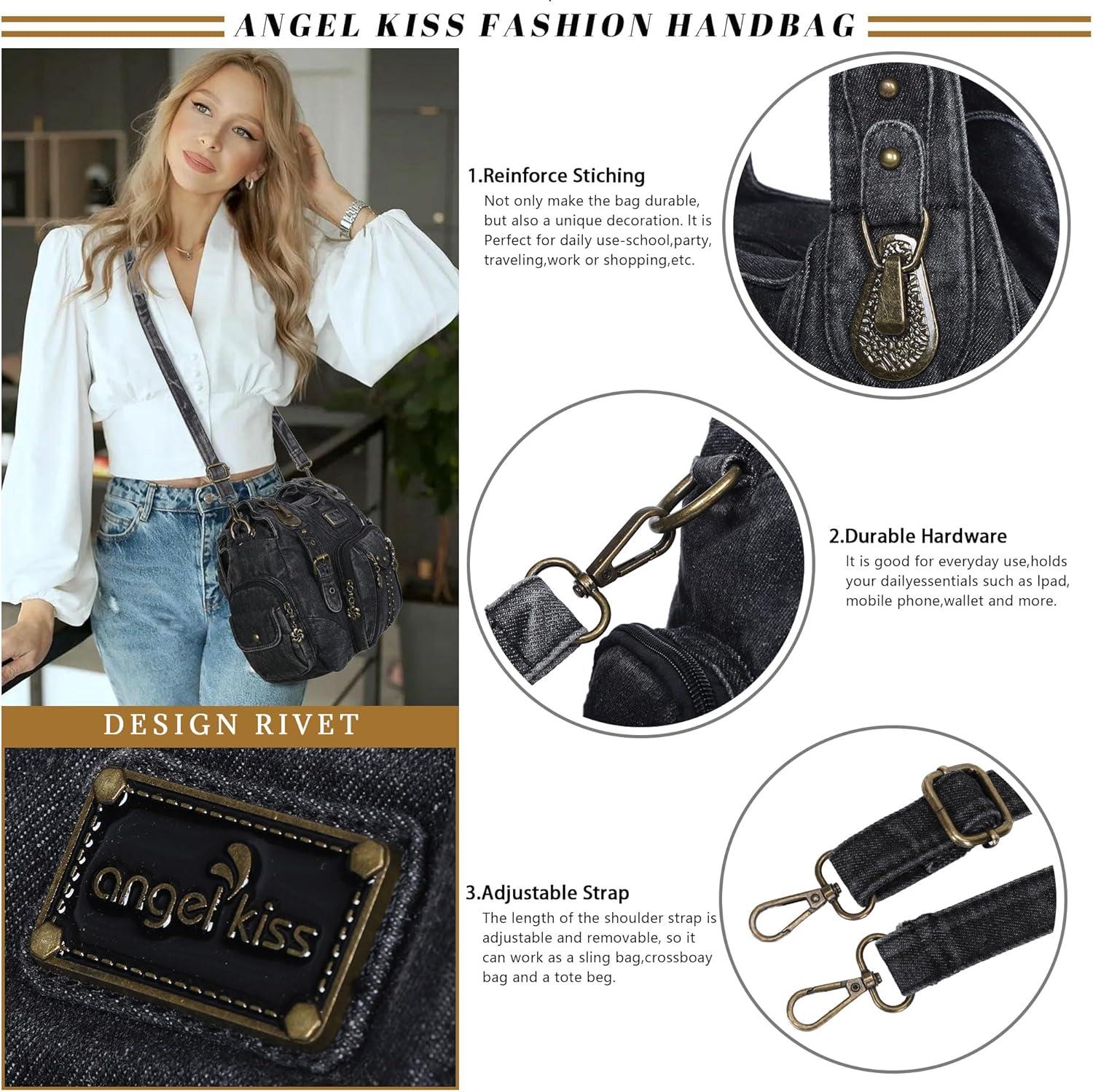 imageAngel Kiss Purses for Women Soft PU Leather Large Hobo Bags for Women Shoulder Bag Soft PU Leather Large Soft PU Leather LargeBlack Denim