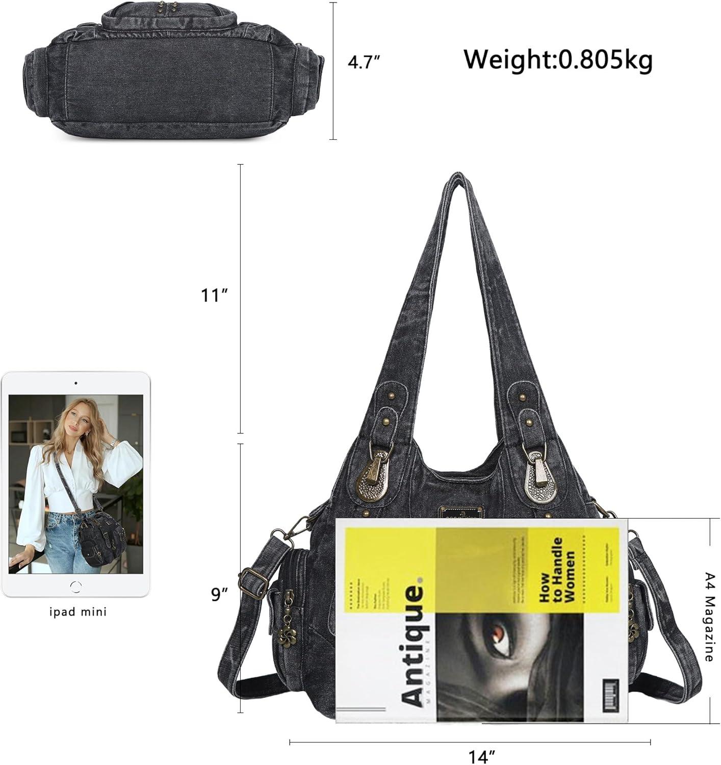 imageAngel Kiss Purses for Women Soft PU Leather Large Hobo Bags for Women Shoulder Bag Soft PU Leather Large Soft PU Leather LargeBlack Denim