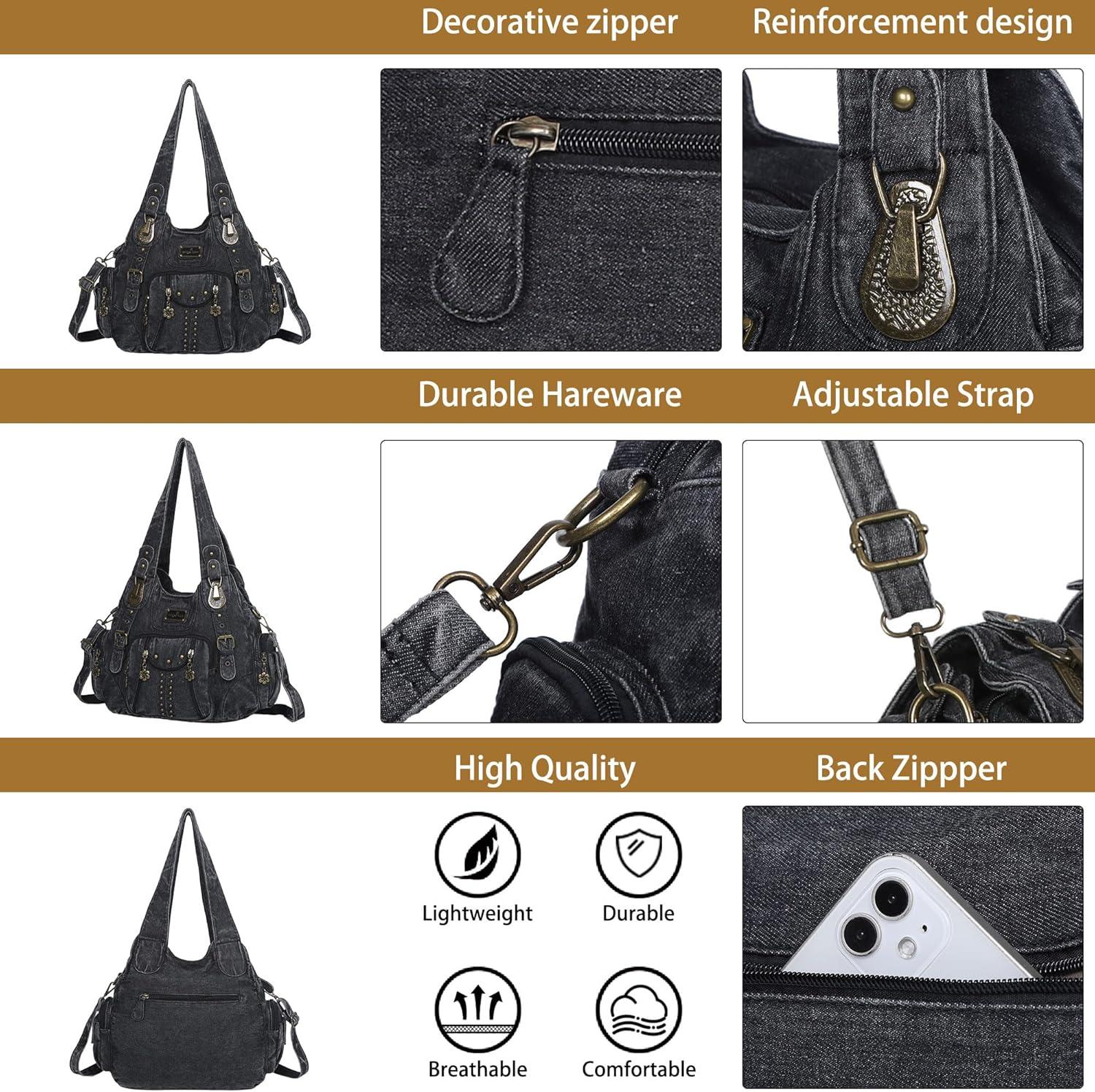 imageAngel Kiss Purses for Women Soft PU Leather Large Hobo Bags for Women Shoulder Bag Soft PU Leather Large Soft PU Leather LargeBlack Denim
