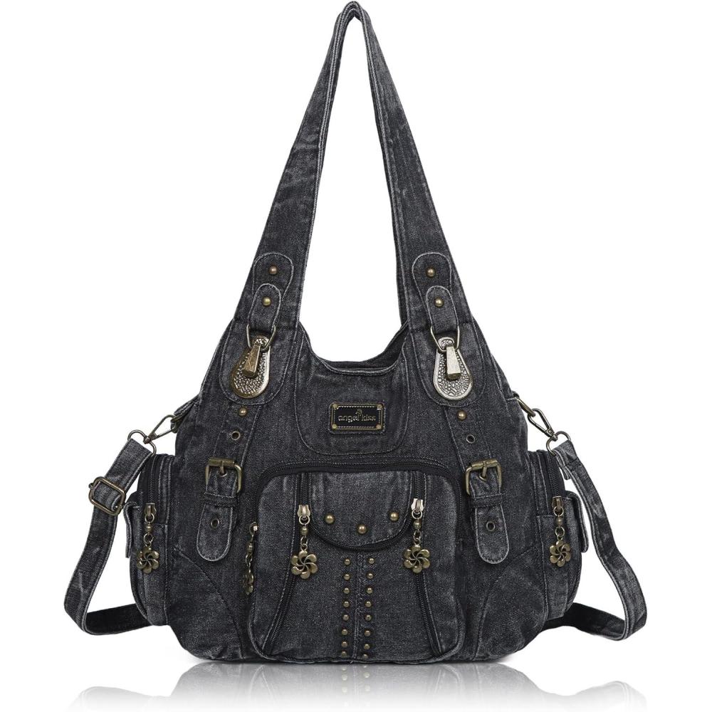 imageAngel Kiss Purses for Women Soft PU Leather Large Hobo Bags for Women Shoulder Bag Soft PU Leather Large Soft PU Leather LargeBlack Denim