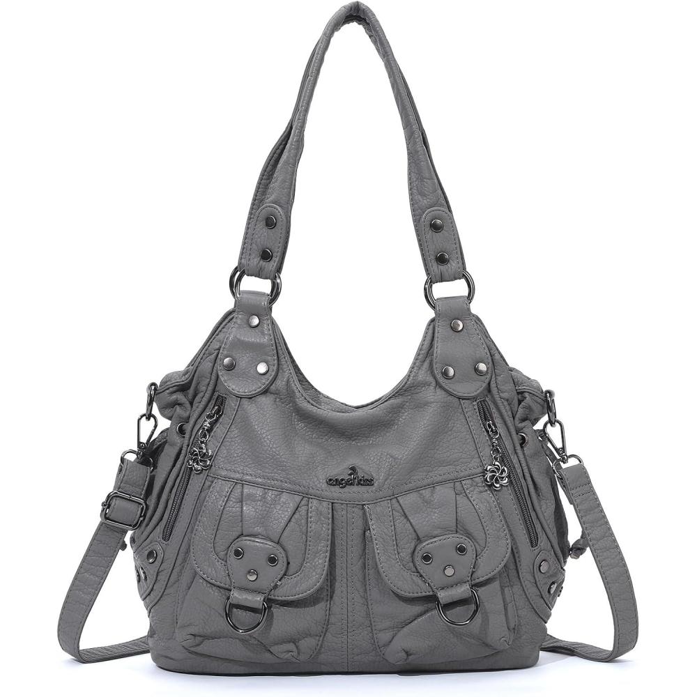 imageAngel Kiss Hobo Bag Soft Leather Purses for Women with Crossbody Strap TopZip Inner PocketsGrey