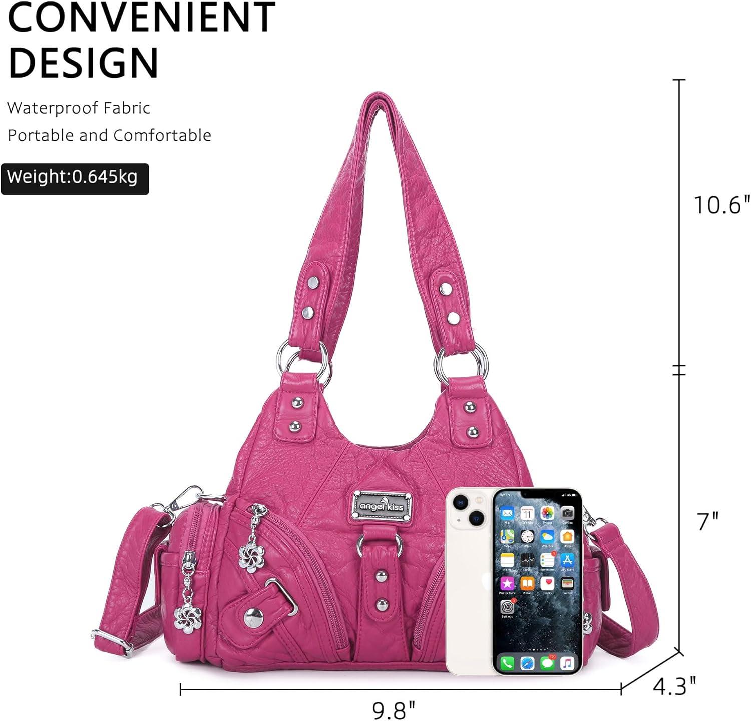 imageAngel Kiss Purses for Women Small Hobo Shoulder Bags Vagen Leather MultiPocket Tote Bag with ZipperRose