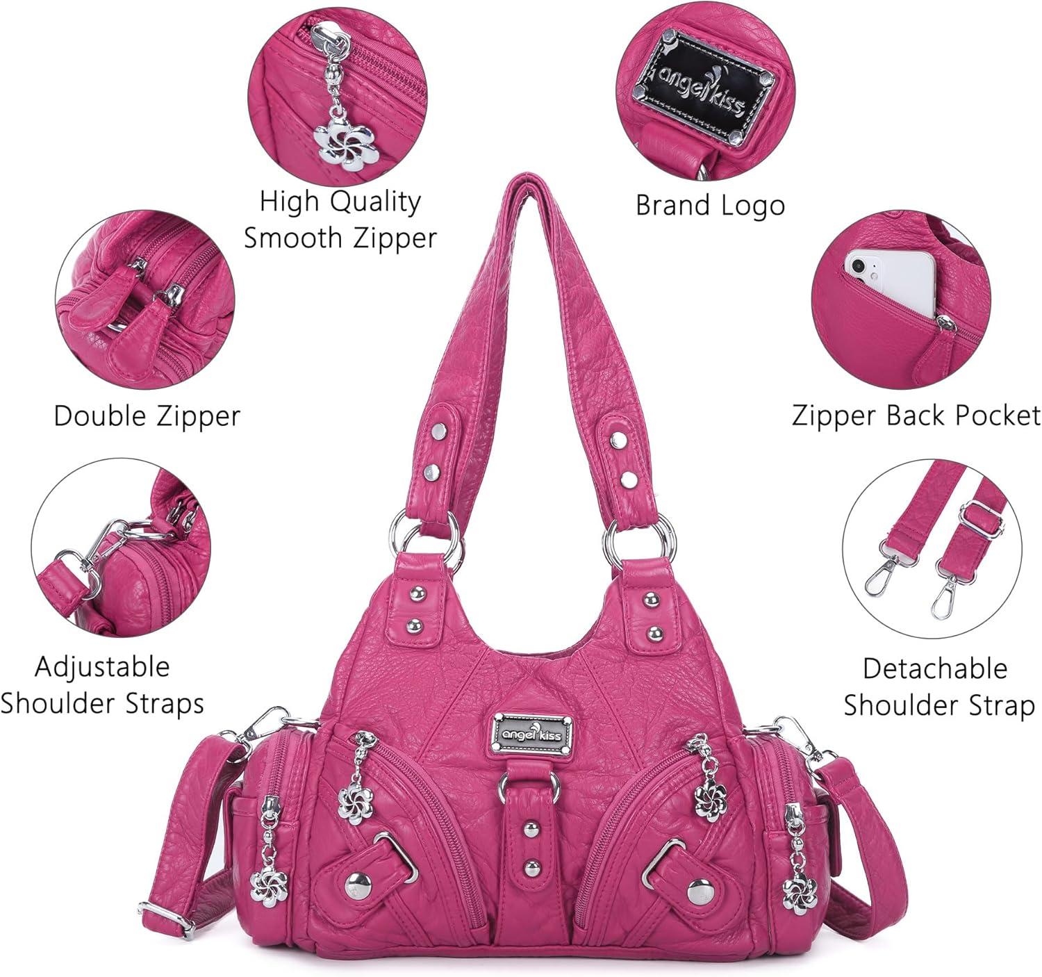 imageAngel Kiss Purses for Women Small Hobo Shoulder Bags Vagen Leather MultiPocket Tote Bag with ZipperRose
