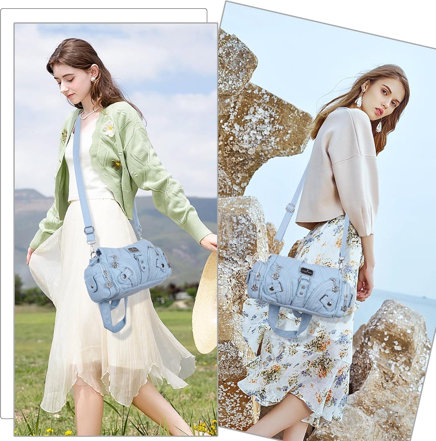 imageAngel Kiss Purses for Women Small Hobo Shoulder Bags Vagen Leather MultiPocket Tote Bag with ZipperSky Blue
