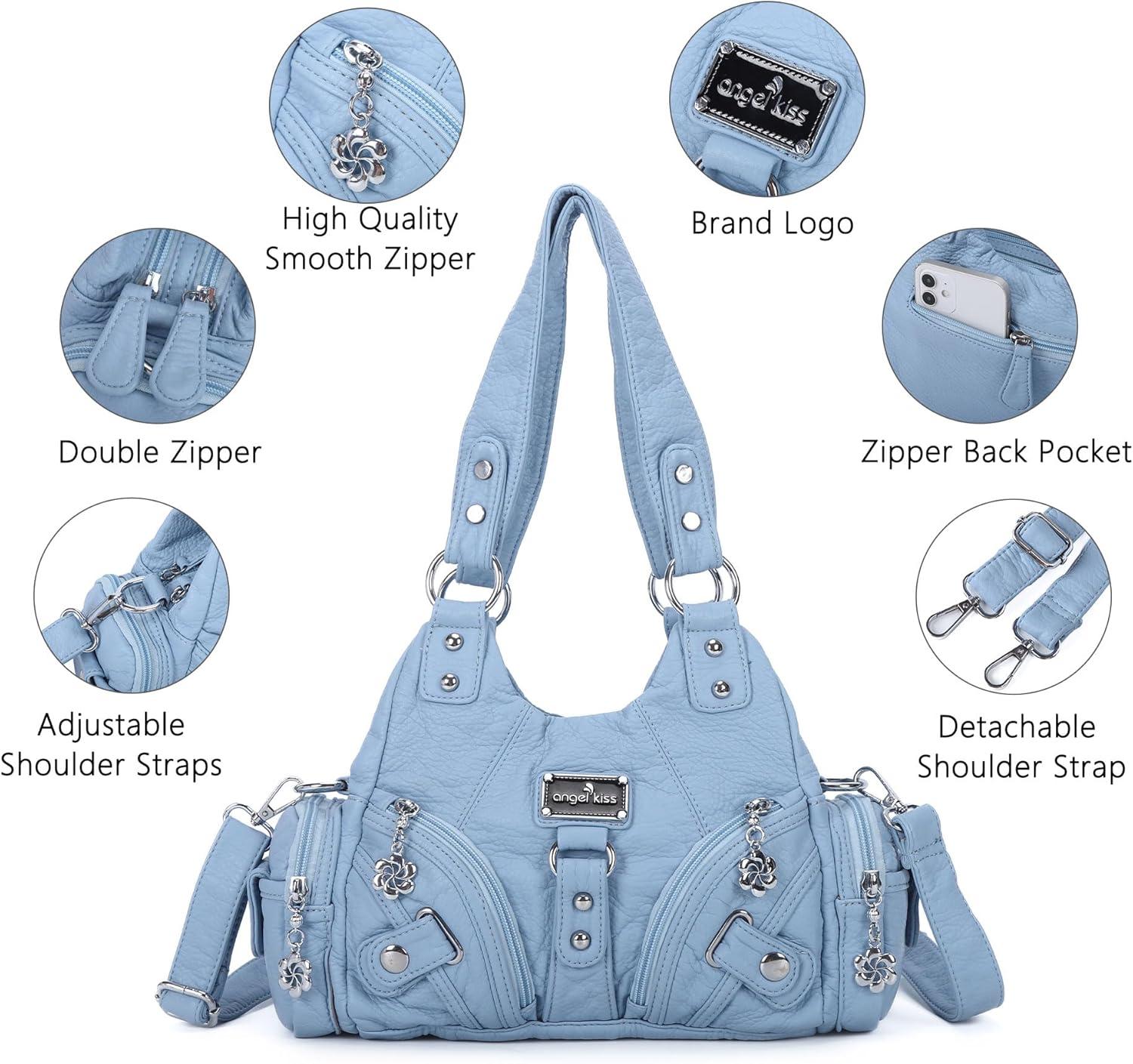 imageAngel Kiss Purses for Women Small Hobo Shoulder Bags Vagen Leather MultiPocket Tote Bag with ZipperSky Blue