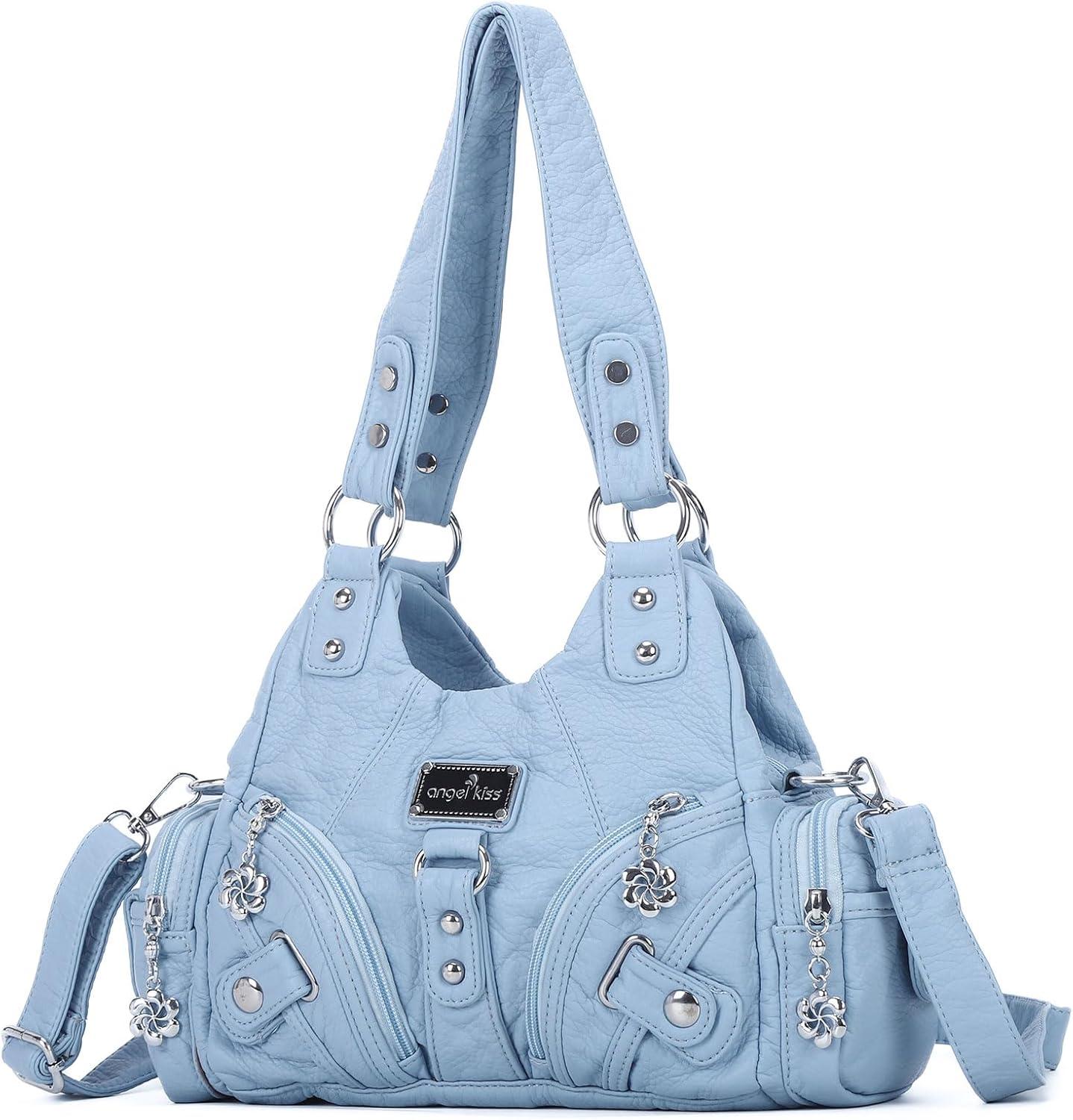 imageAngel Kiss Purses for Women Small Hobo Shoulder Bags Vagen Leather MultiPocket Tote Bag with ZipperSky Blue