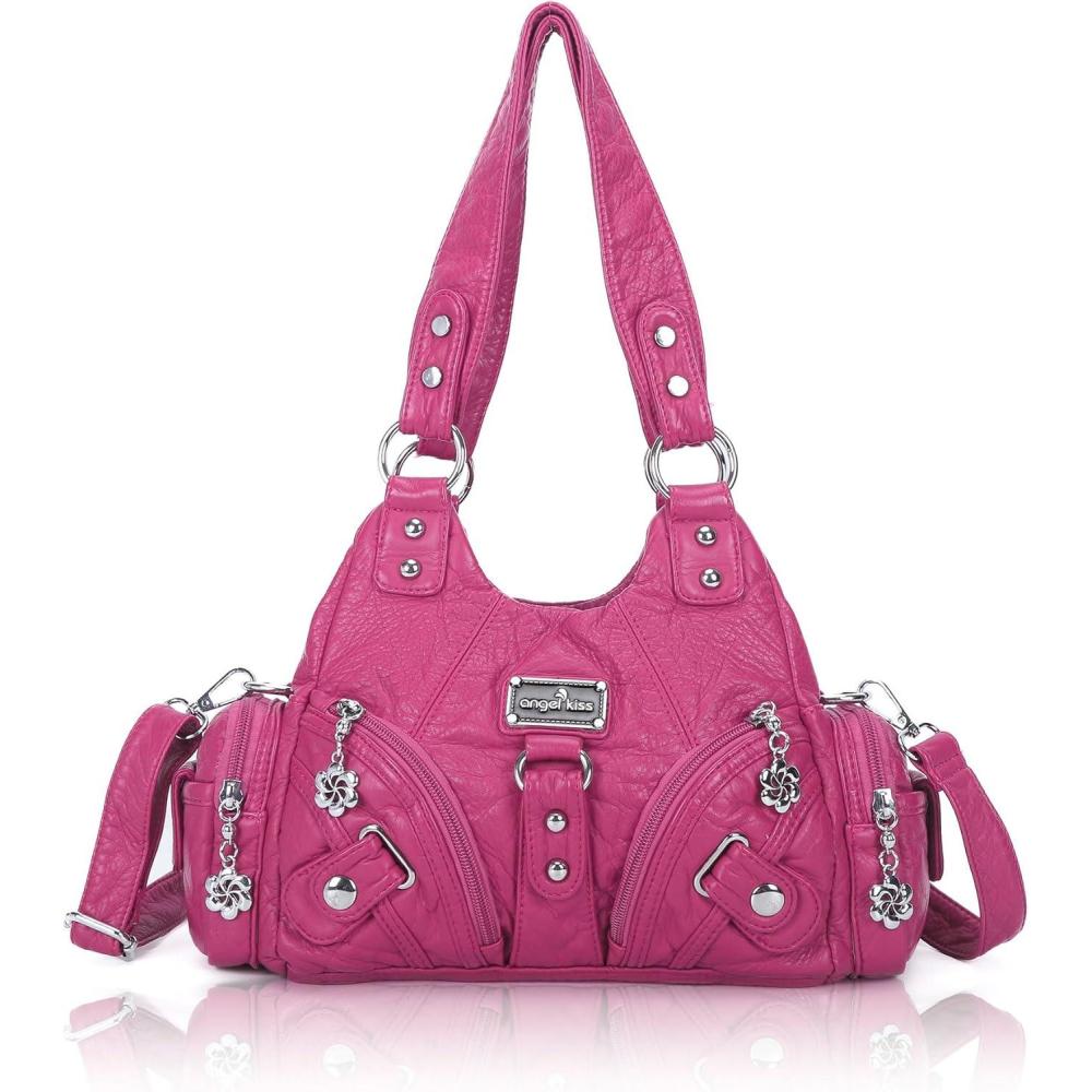 imageAngel Kiss Purses for Women Small Hobo Shoulder Bags Vagen Leather MultiPocket Tote Bag with ZipperRose