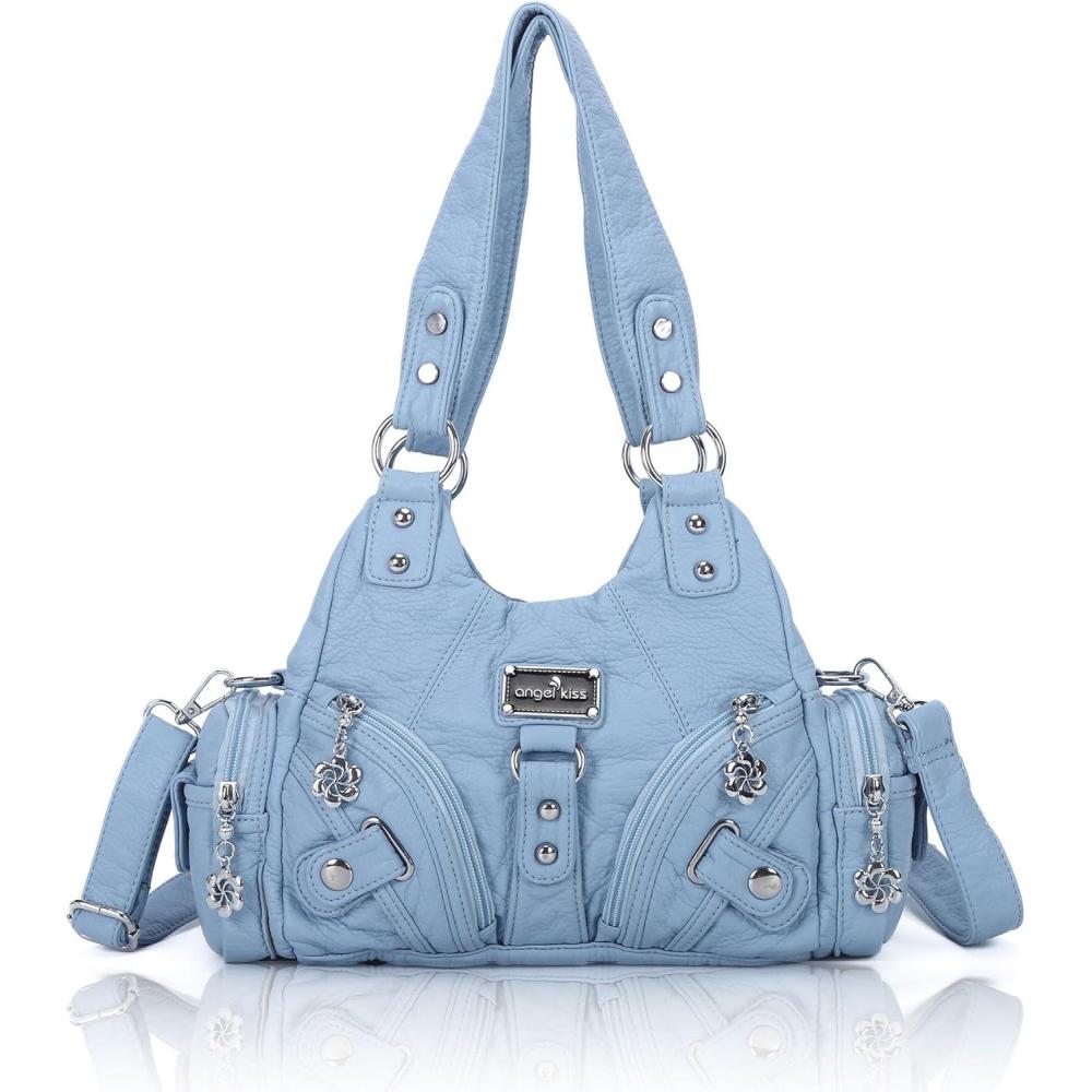 imageAngel Kiss Purses for Women Small Hobo Shoulder Bags Vagen Leather MultiPocket Tote Bag with ZipperSky Blue