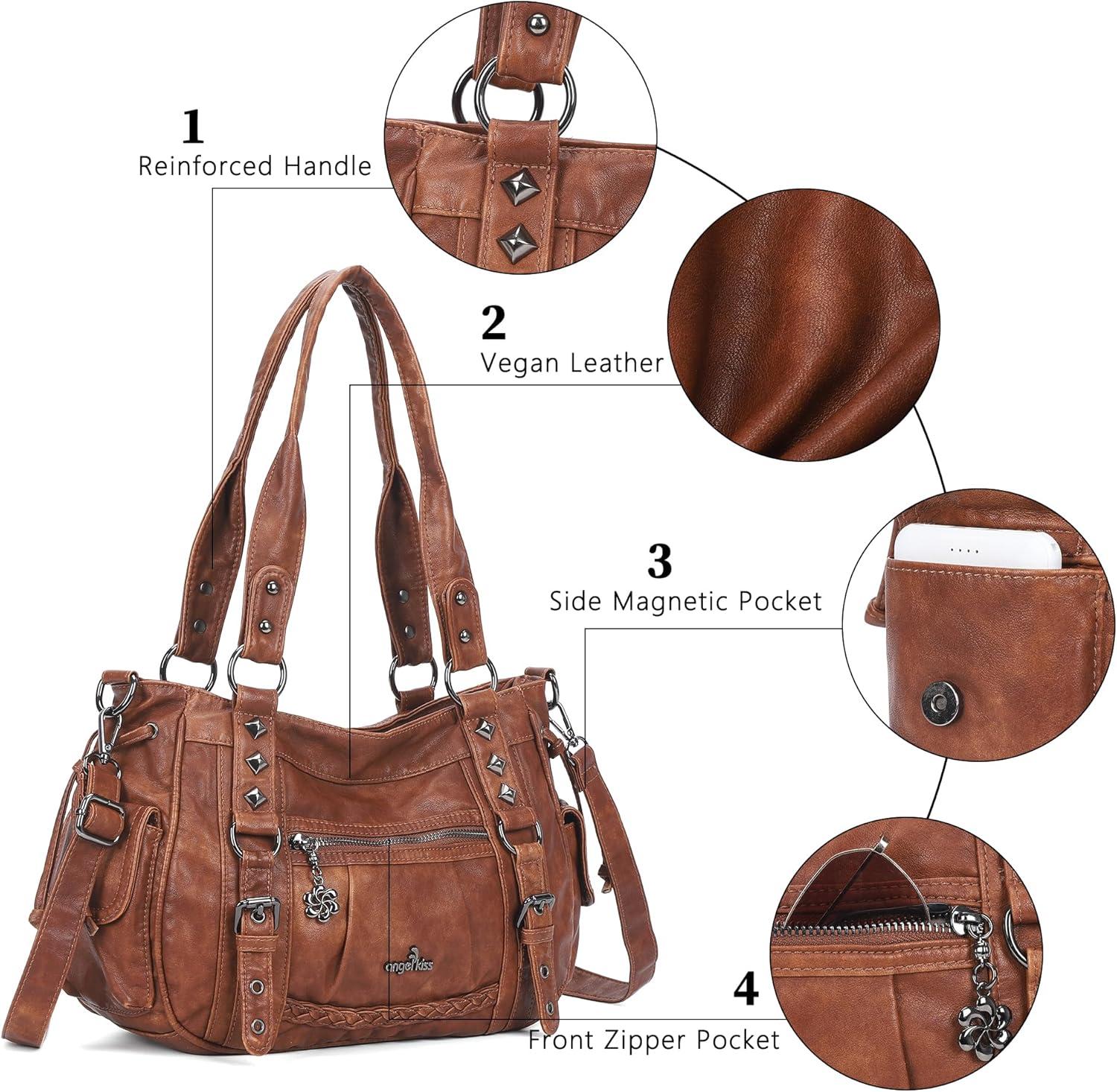 imageAngel Kiss Shoulder Bag For Women Multi Pocket Retro Hobo Handbags Satchel Tote BagBrown