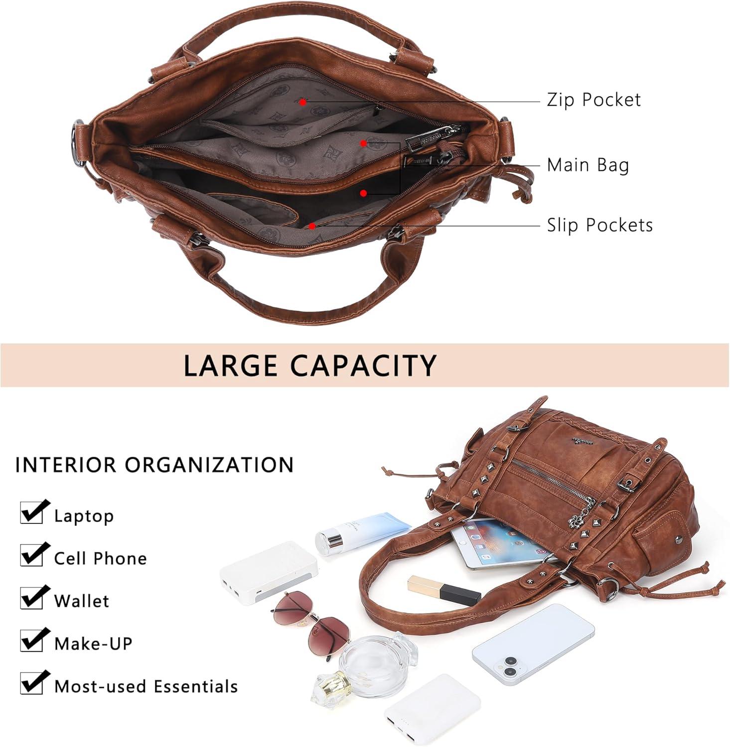 imageAngel Kiss Shoulder Bag For Women Multi Pocket Retro Hobo Handbags Satchel Tote BagBrown