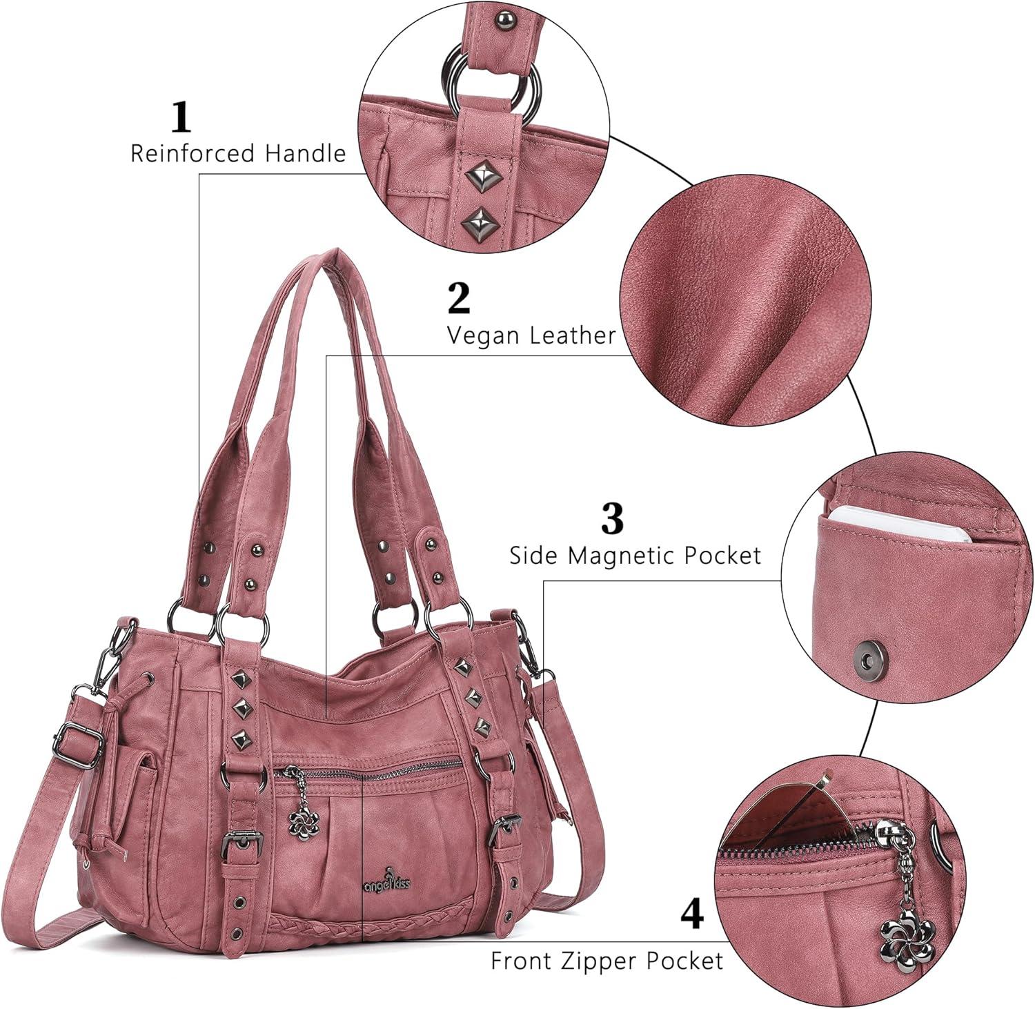 imageAngel Kiss Shoulder Bag For Women Multi Pocket Retro Hobo Handbags Satchel Tote BagPink