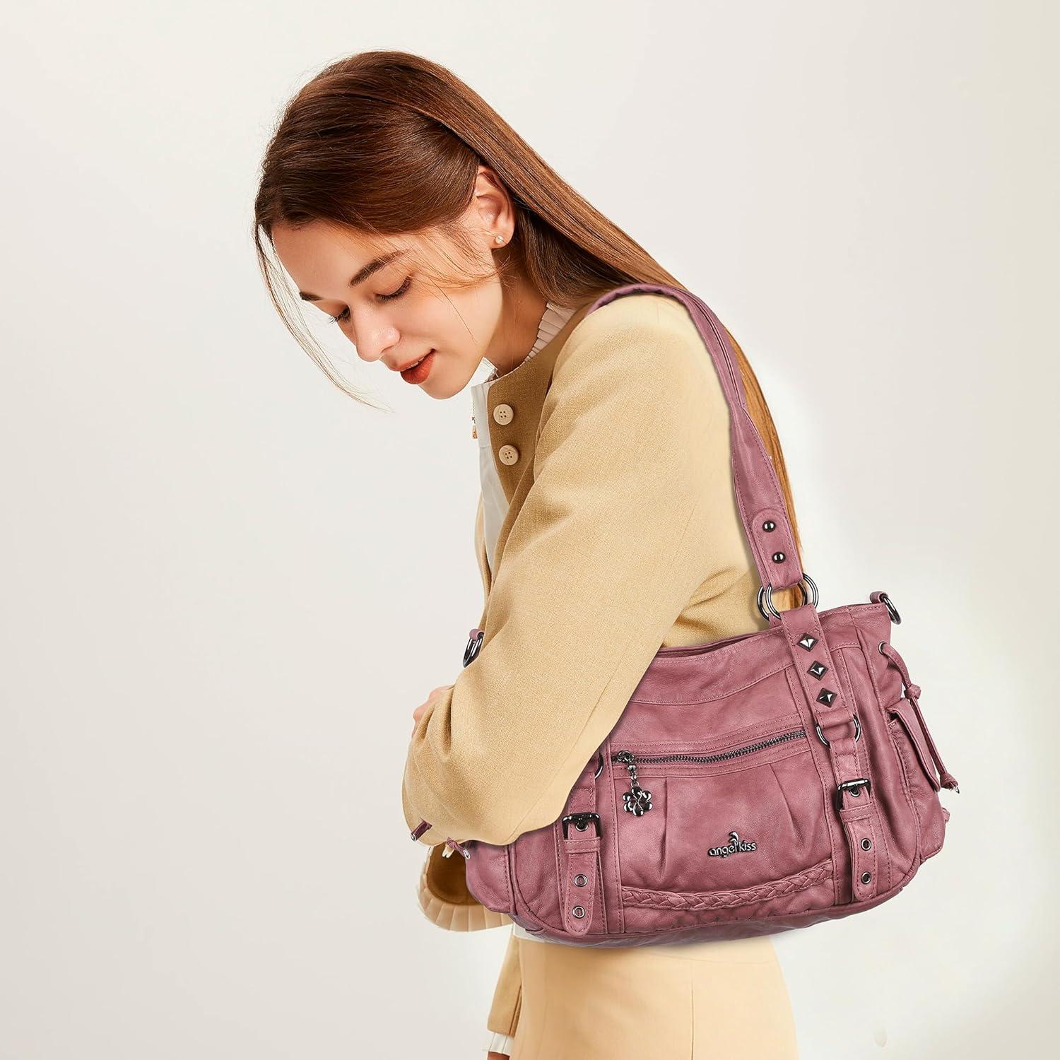 imageAngel Kiss Shoulder Bag For Women Multi Pocket Retro Hobo Handbags Satchel Tote BagPink