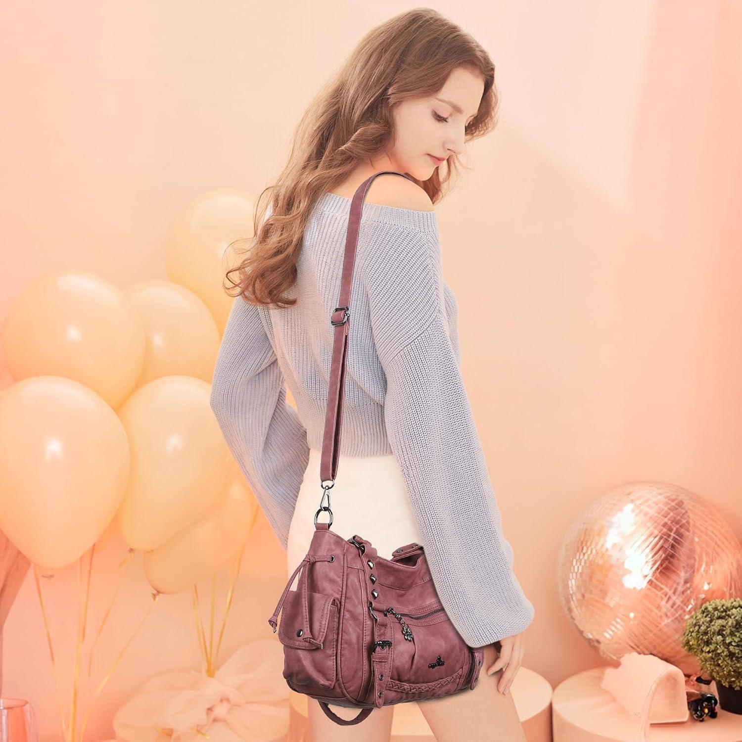imageAngel Kiss Shoulder Bag For Women Multi Pocket Retro Hobo Handbags Satchel Tote BagPink