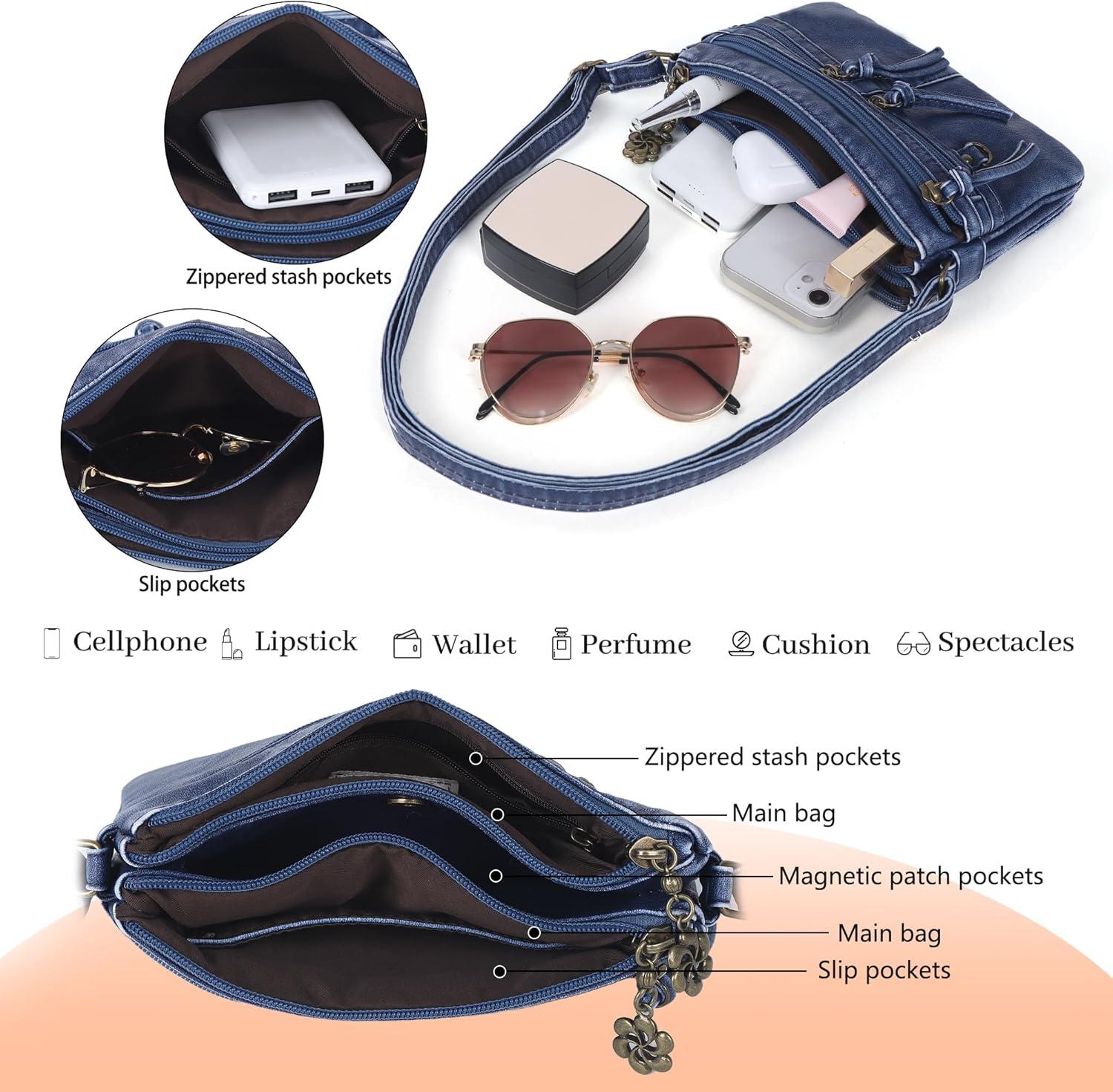 imageAngel Kiss Small Crossbody Bag for Women Leather Crossbody Purse Triple Compartments Cell Phone Purse Shoulder Bags for WomenBlue
