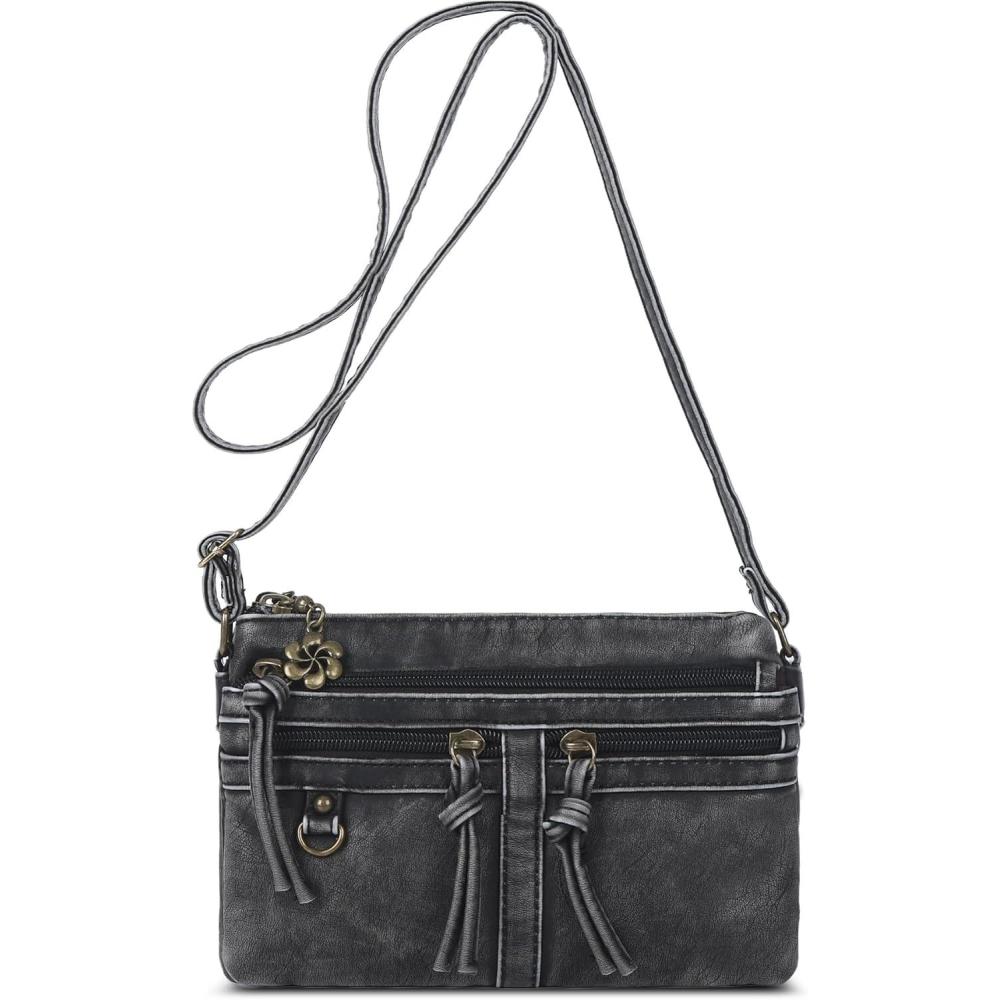 imageAngel Kiss Small Crossbody Bag for Women Leather Crossbody Purse Triple Compartments Cell Phone Purse Shoulder Bags for WomenRetro Black