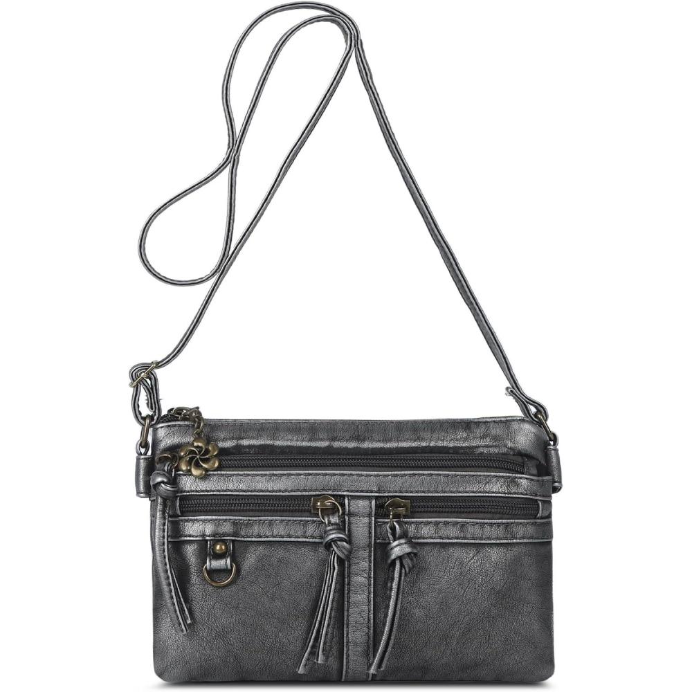 imageAngel Kiss Small Crossbody Bag for Women Leather Crossbody Purse Triple Compartments Cell Phone Purse Shoulder Bags for WomenSilver Grey