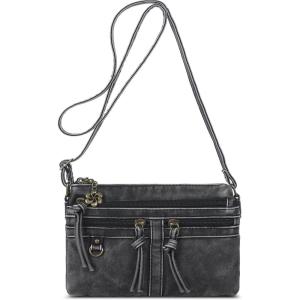 Angel Kiss Small Crossbody Bag for Women Leather Crossbody Purse Triple Compartments Cell Phone Purse Shoulder Bags for Women(Retro Black)