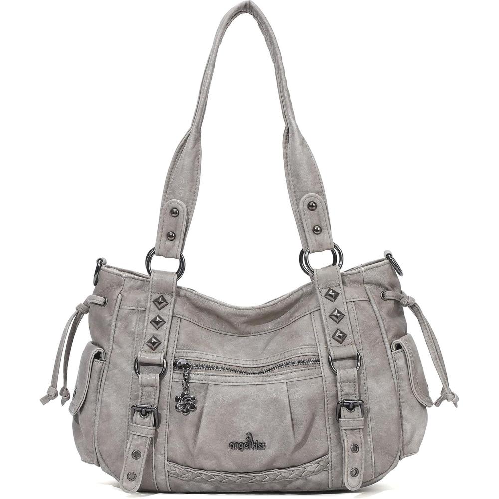 imageAngel Kiss Shoulder Bag For Women Multi Pocket Retro Hobo Handbags Satchel Tote BagGrey